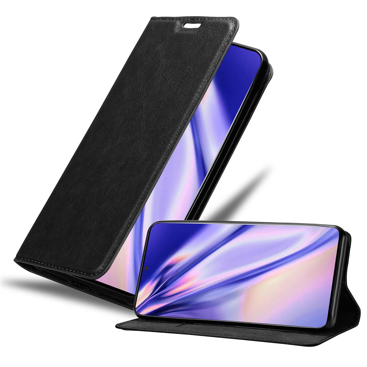 Schwarze Handyhülle offen, zeigt Telefon und zweites Telefon.