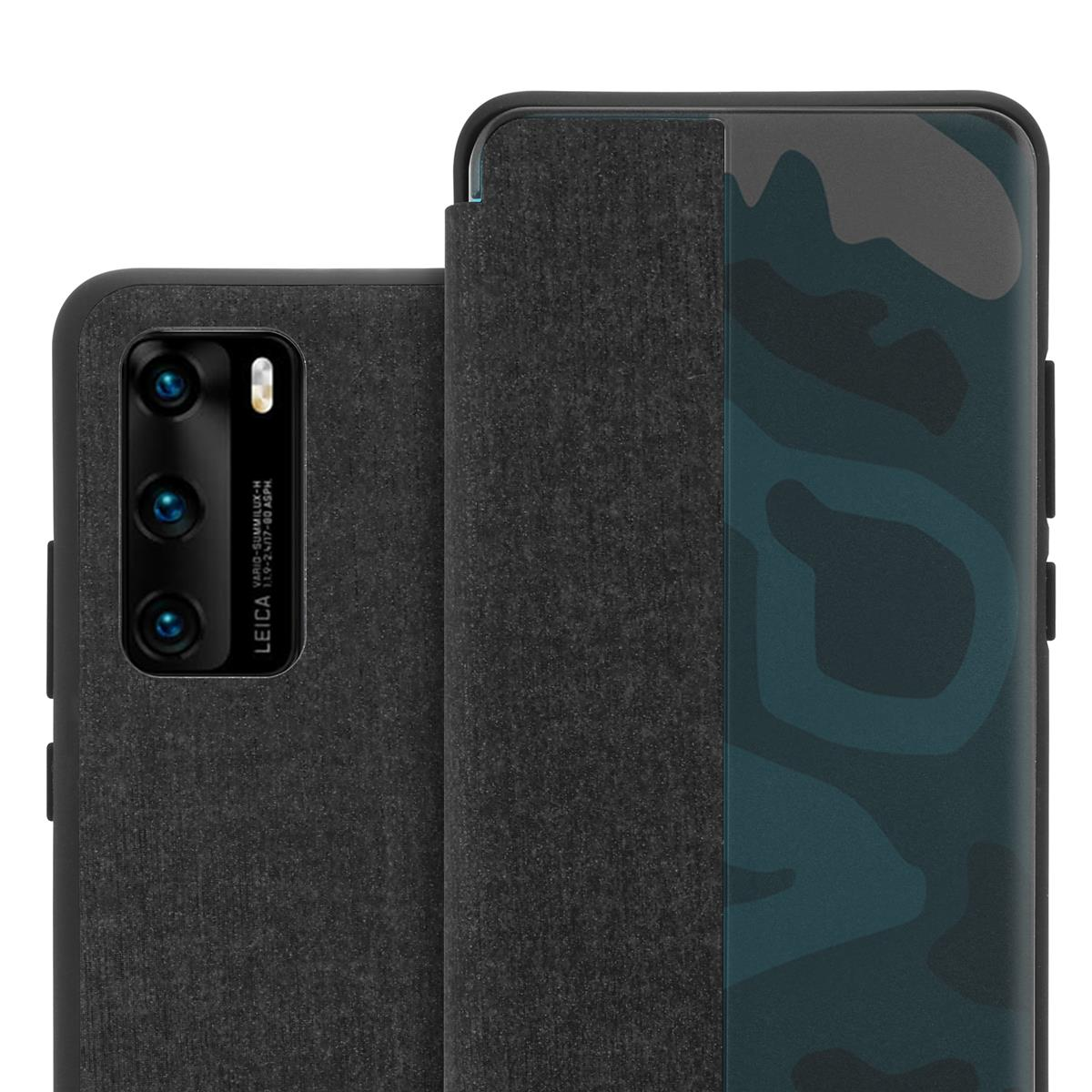 Schwarze Handyhülle mit Telefon. Das Telefon ist in Schwarz und Grau.