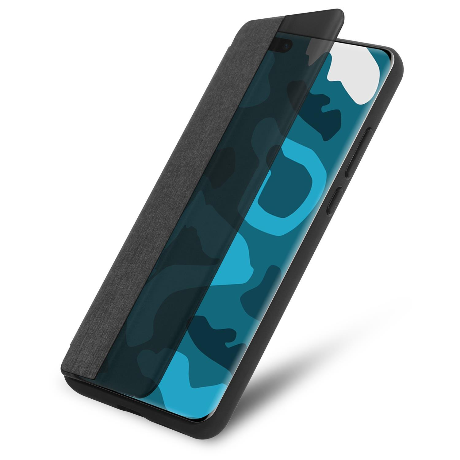 Schwarze Handyhülle mit Displayschutz, zeigt ein blaues Camouflage-Muster.