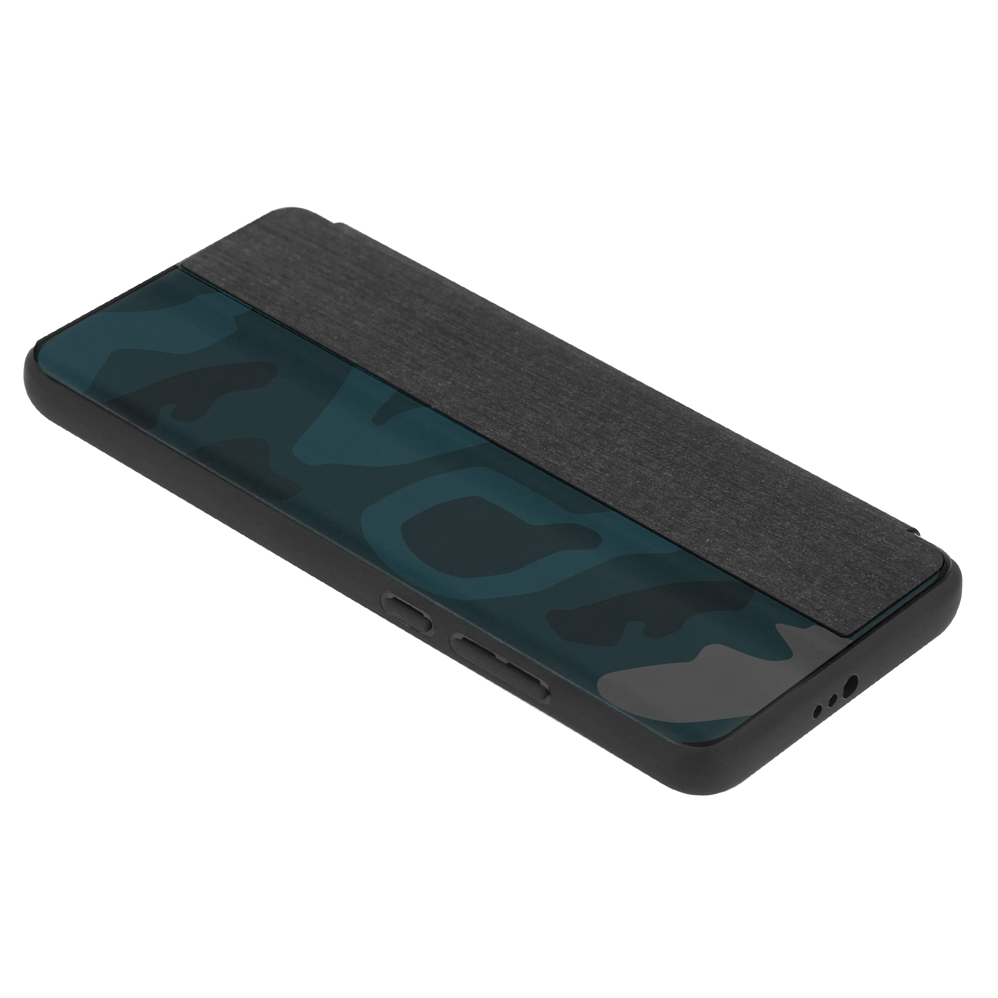 Schwarze Handyhülle mit Camo-Design. Die Hülle ist geschlossen. Der Hintergrund ist weiß.
