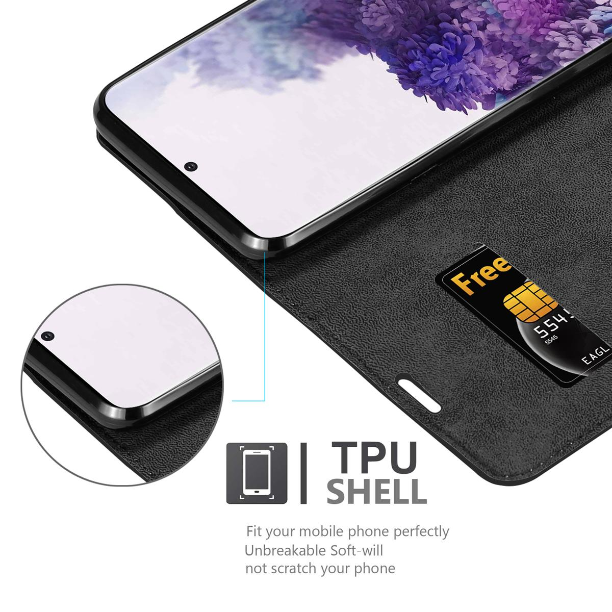 Telefon in schwarzer Hülle, offen. SIM-Karten-Slot mit Karte. TPU SHELL ist unten beschriftet.