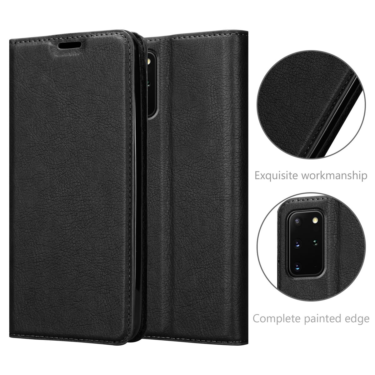 Schwarze Handyhülle offen, Telefon zeigend. Exquisite Verarbeitung und komplett lackierter Rand.