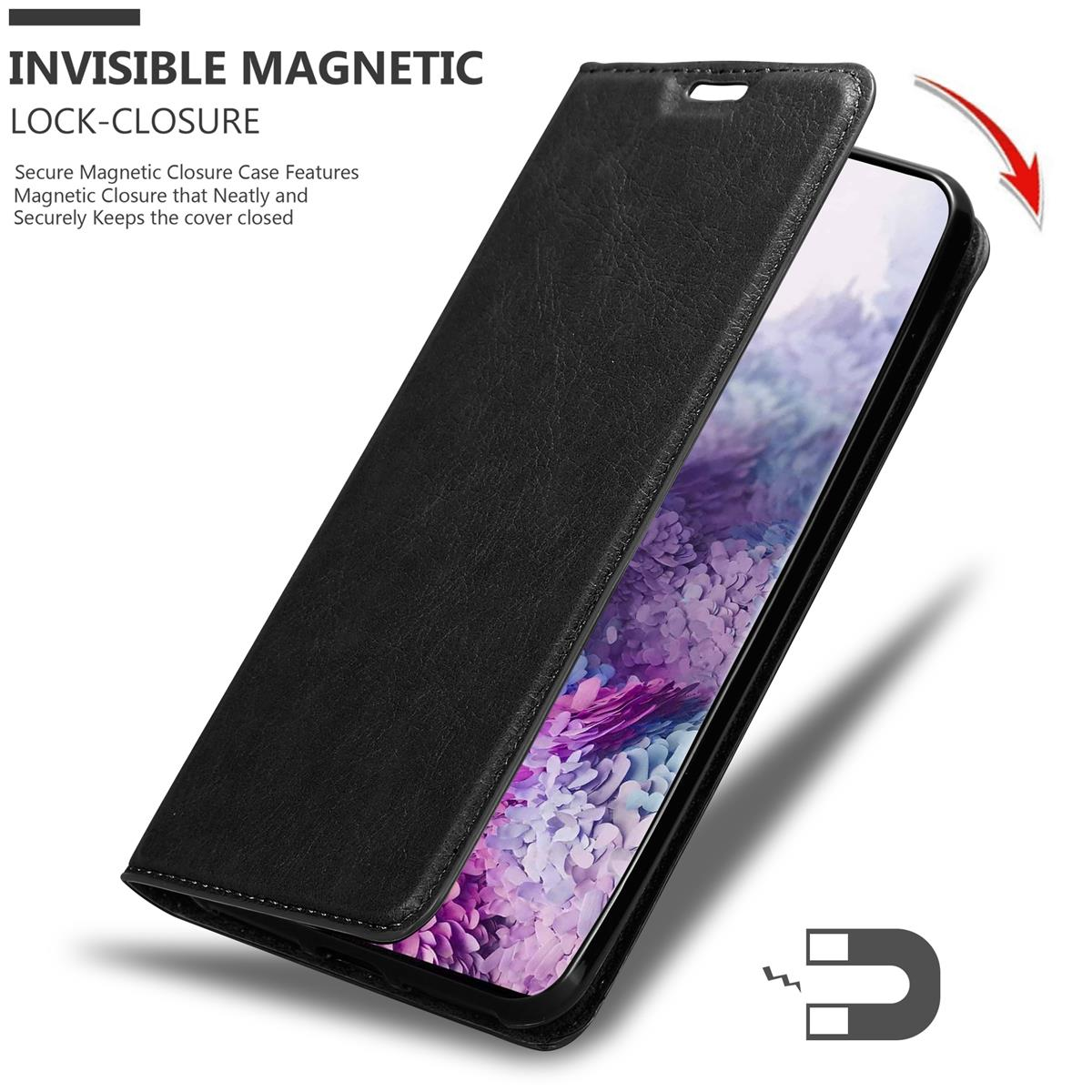 Schwarze Handyhülle, offen. Text: INVISIBLE MAGNETIC LOCK-CLOSURE. Telefon ist drin. Magnet-Symbol.