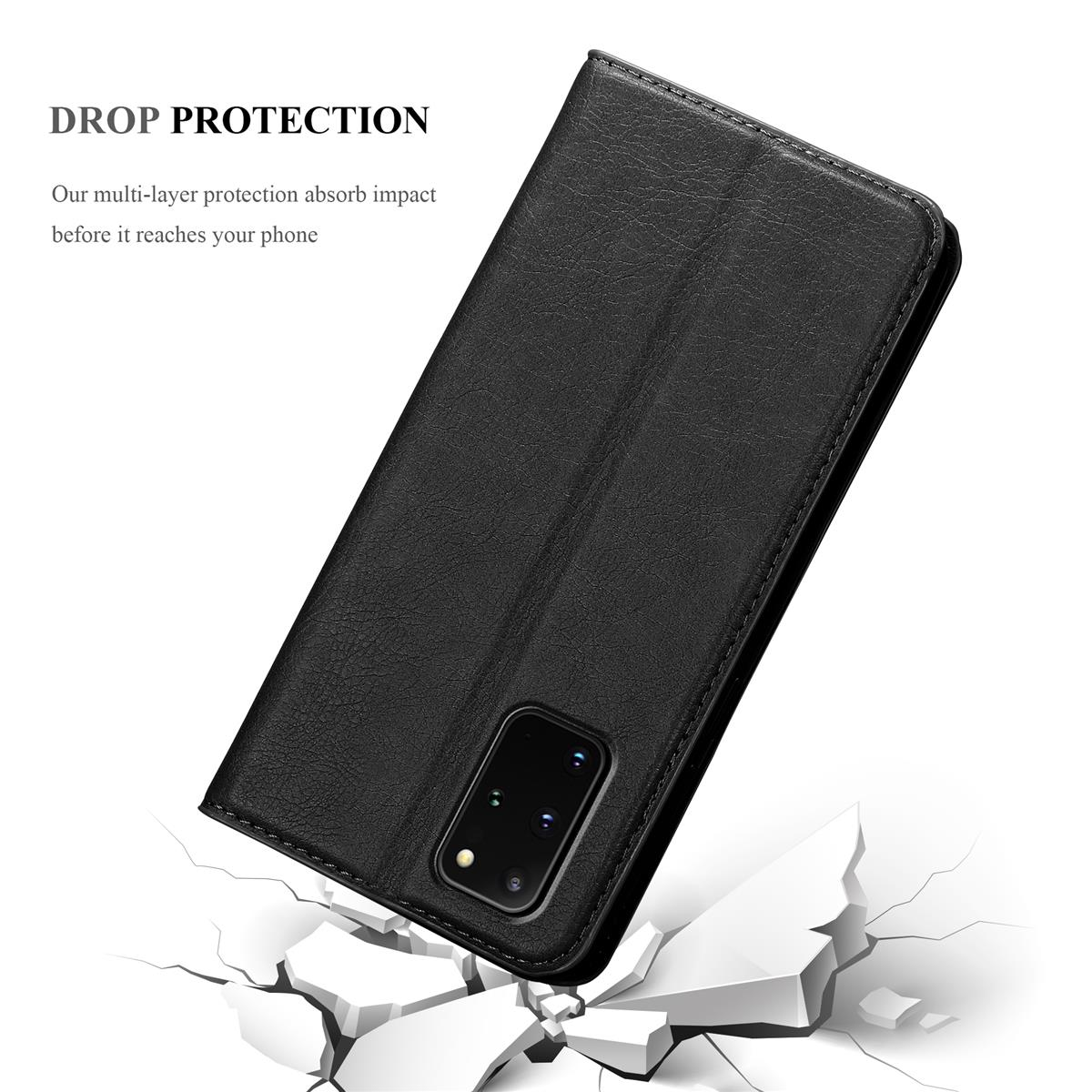 Schwarze Leder-Handyhülle, offen, mit einem Telefon darin und einigen Karten.