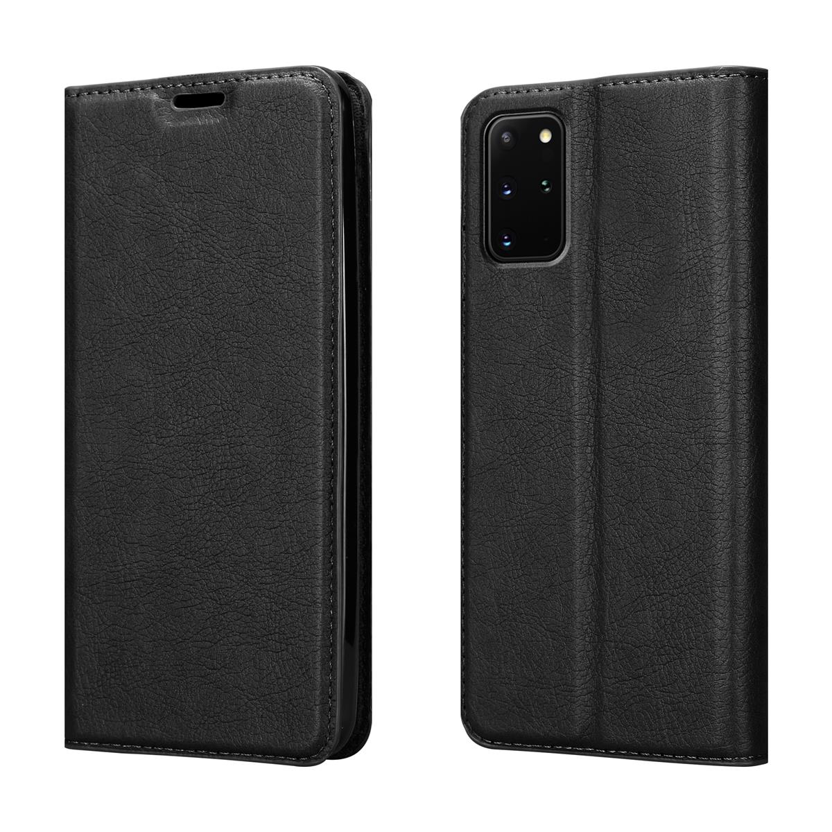 Schwarze Leder-Handyhülle, offen und geschlossen. Das Telefon ist nicht sichtbar.