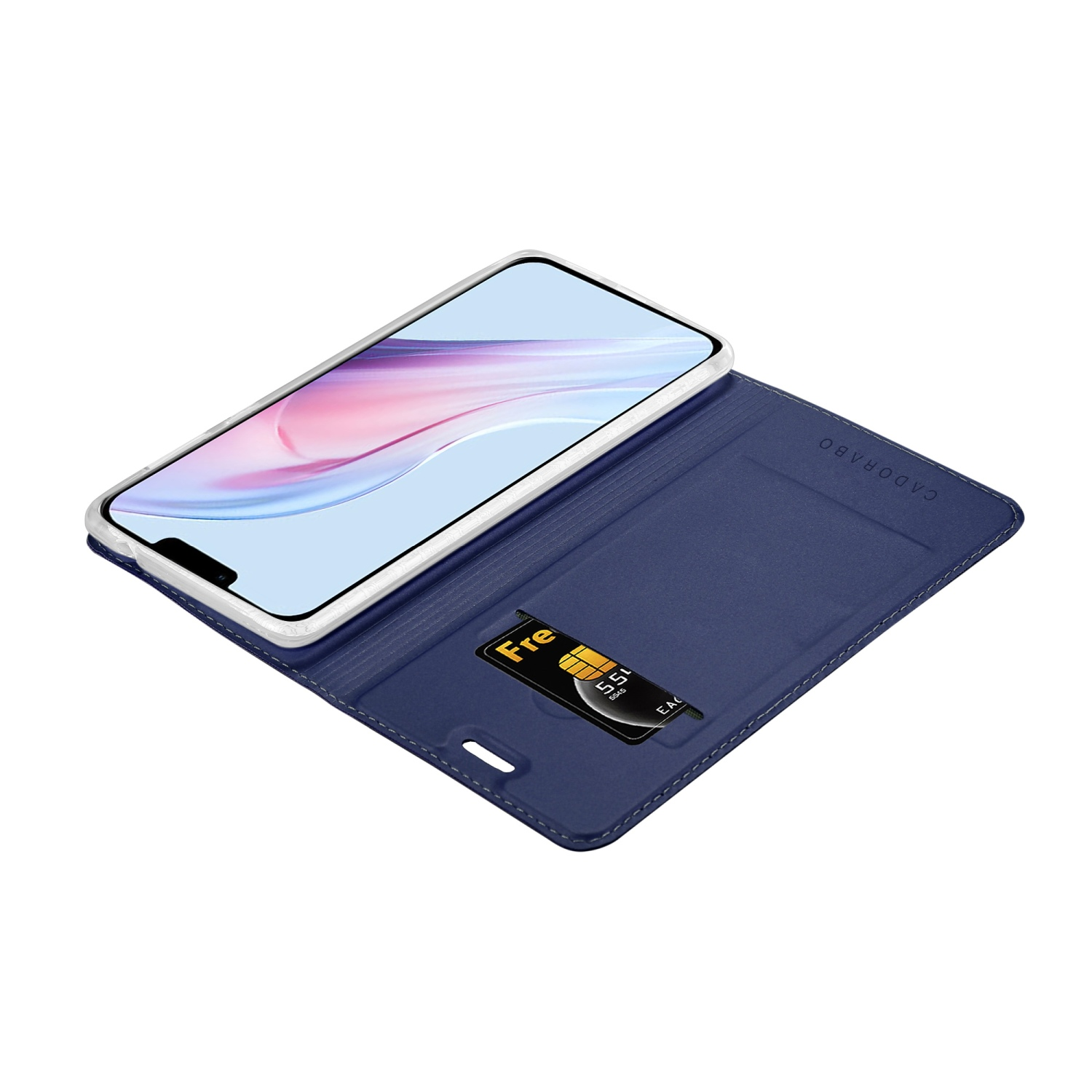 Custodia per telefono blu con fessura per carte. Un telefono è dentro e una carta nello slot. Il telefono è aperto.