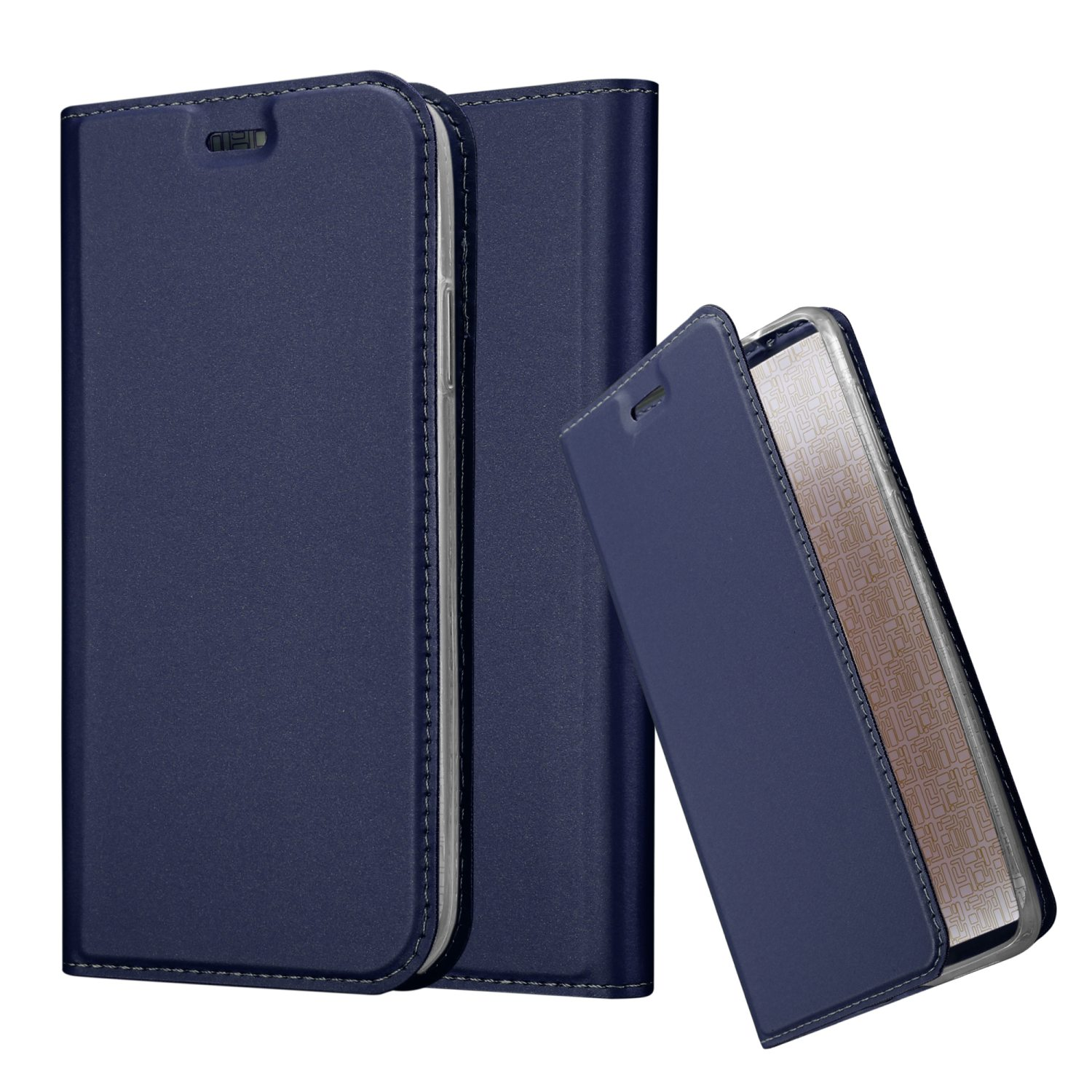 Viene mostrata una custodia per telefono blu navy. Ha una cover con un ritaglio per il telefono e uno slot per schede all'interno.