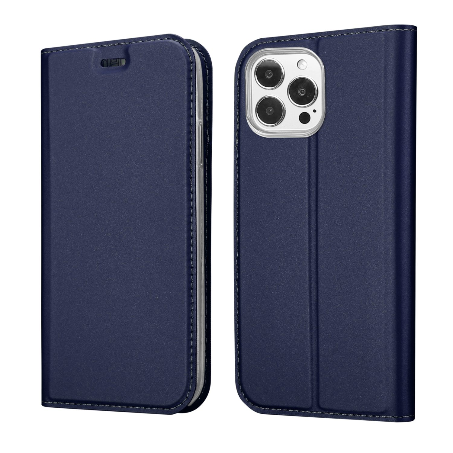 Étui portefeuille bleu pour téléphone, ouvert des deux côtés, avec un téléphone. Fond blanc.