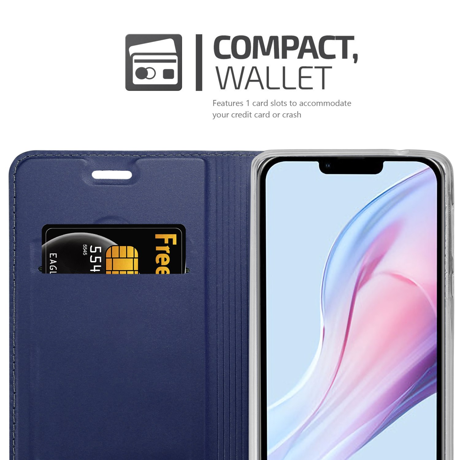 Custodia per telefono blu con slot per schede. Il testo recita: Portafoglio compatto. Dispone di 1 slot per schede.