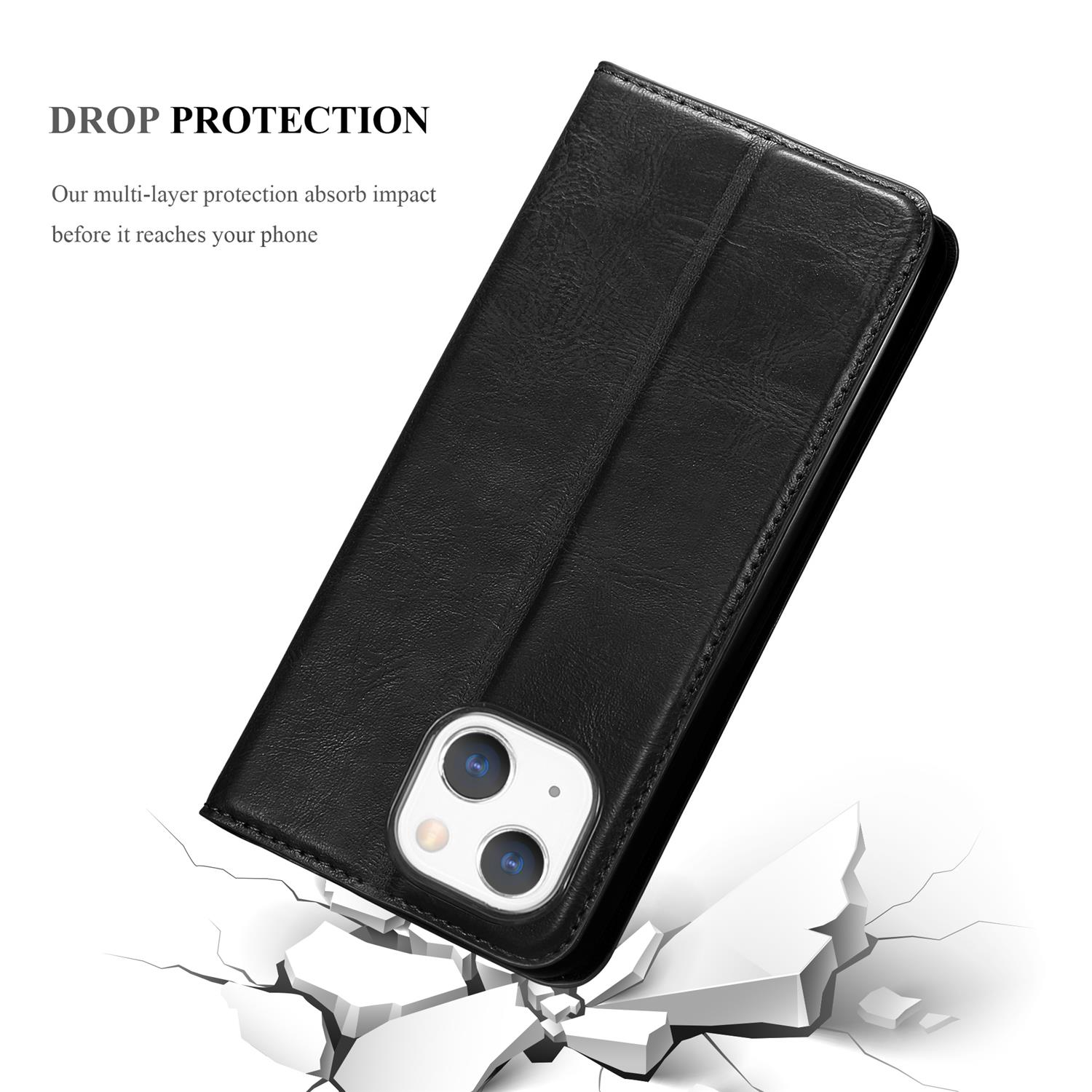 Eine schwarze Handyhülle mit sichtbarem Telefon und gesprungenem Bildschirm. Schäden werden gezeigt.