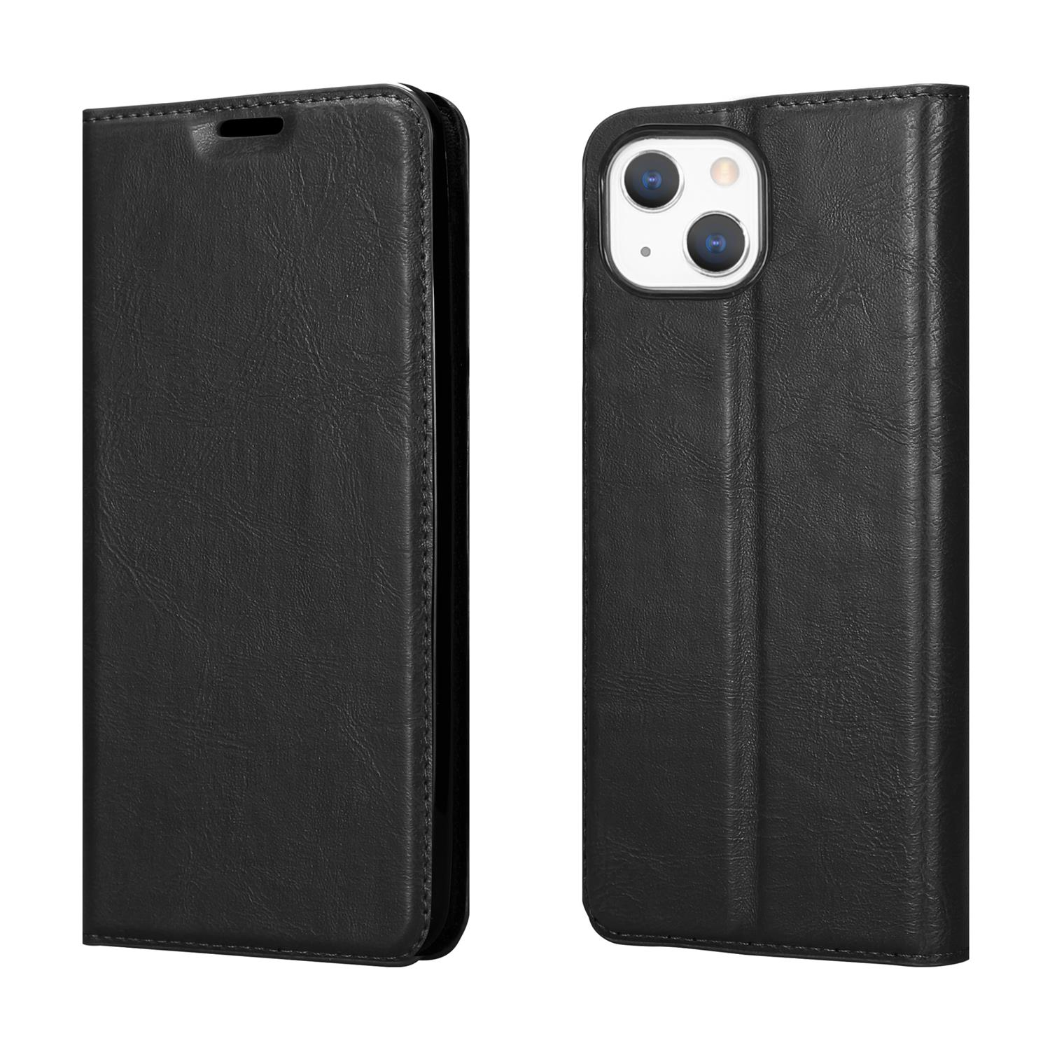 Schwarze Leder-Handyhülle, geöffnet und geschlossen. Das Telefon befindet sich im Inneren.