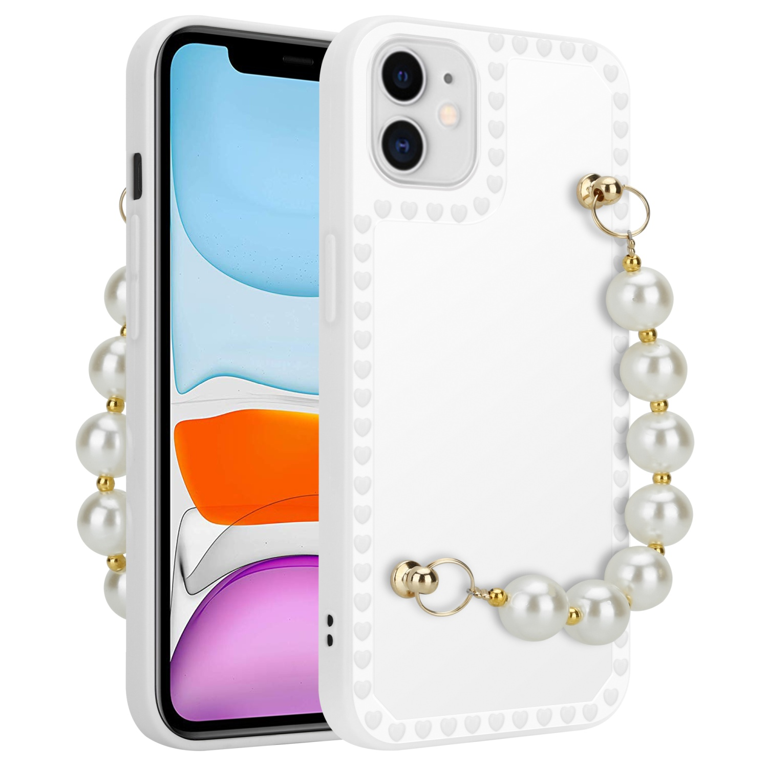 Weiße Handyhülle mit Perlen und goldenen Akzenten um ein Telefon. Weißer Hintergrund.