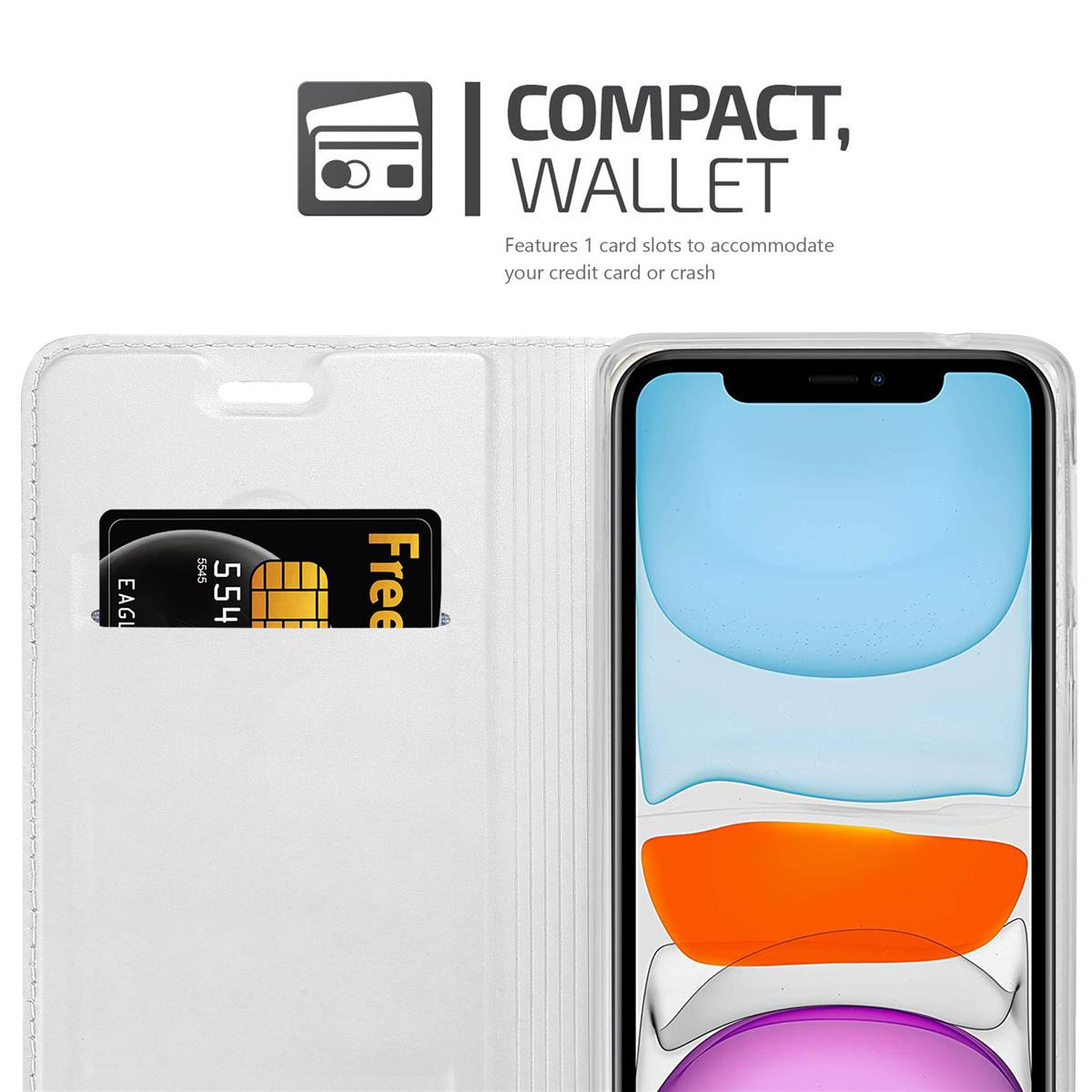 Custodia del telefono aperta, che mostra uno slot per carte e una carta. Testo: COMPATTO, PORTAFOGLIO.