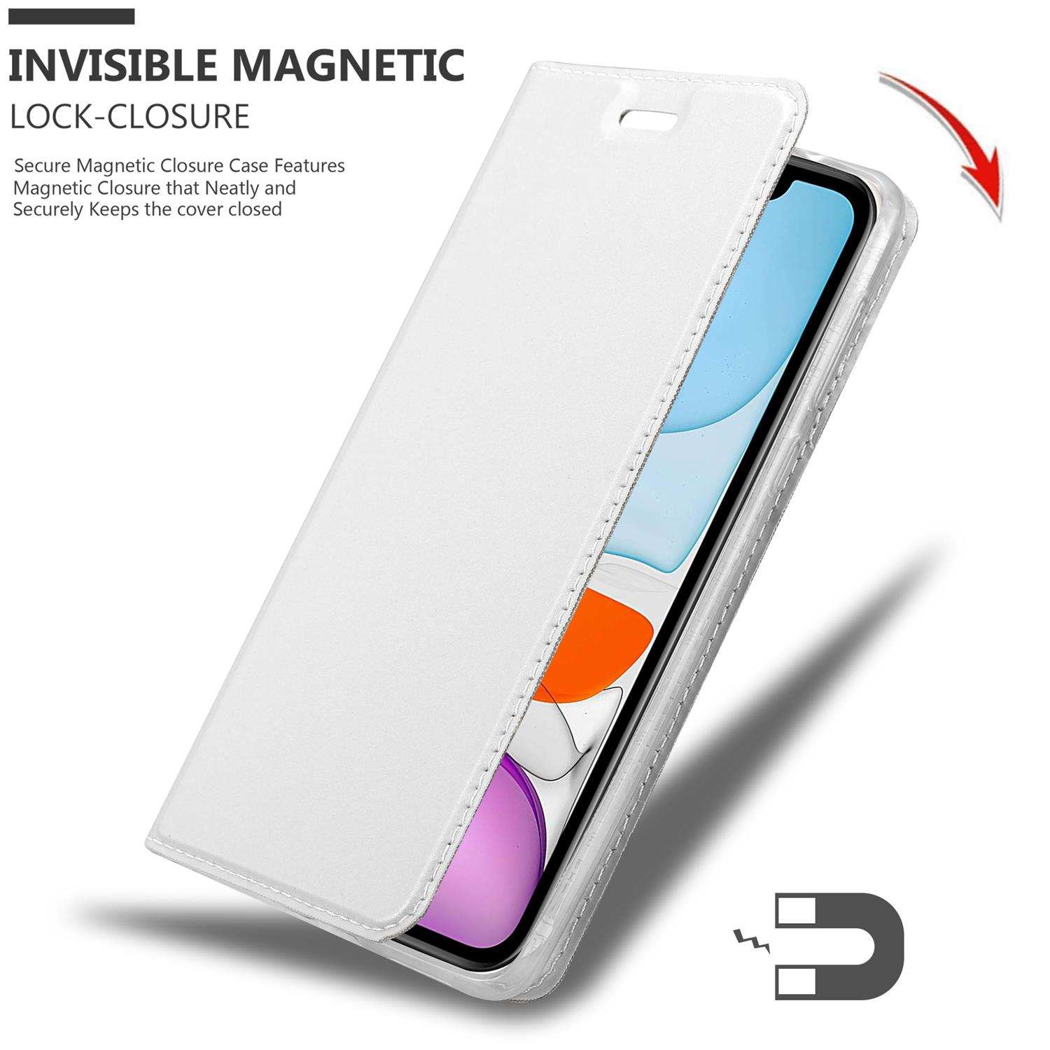 Custodia per telefono bianca, aperta, con un telefono all'interno. La custodia ha una chiusura magnetica. Viene mostrato un simbolo magnetico.