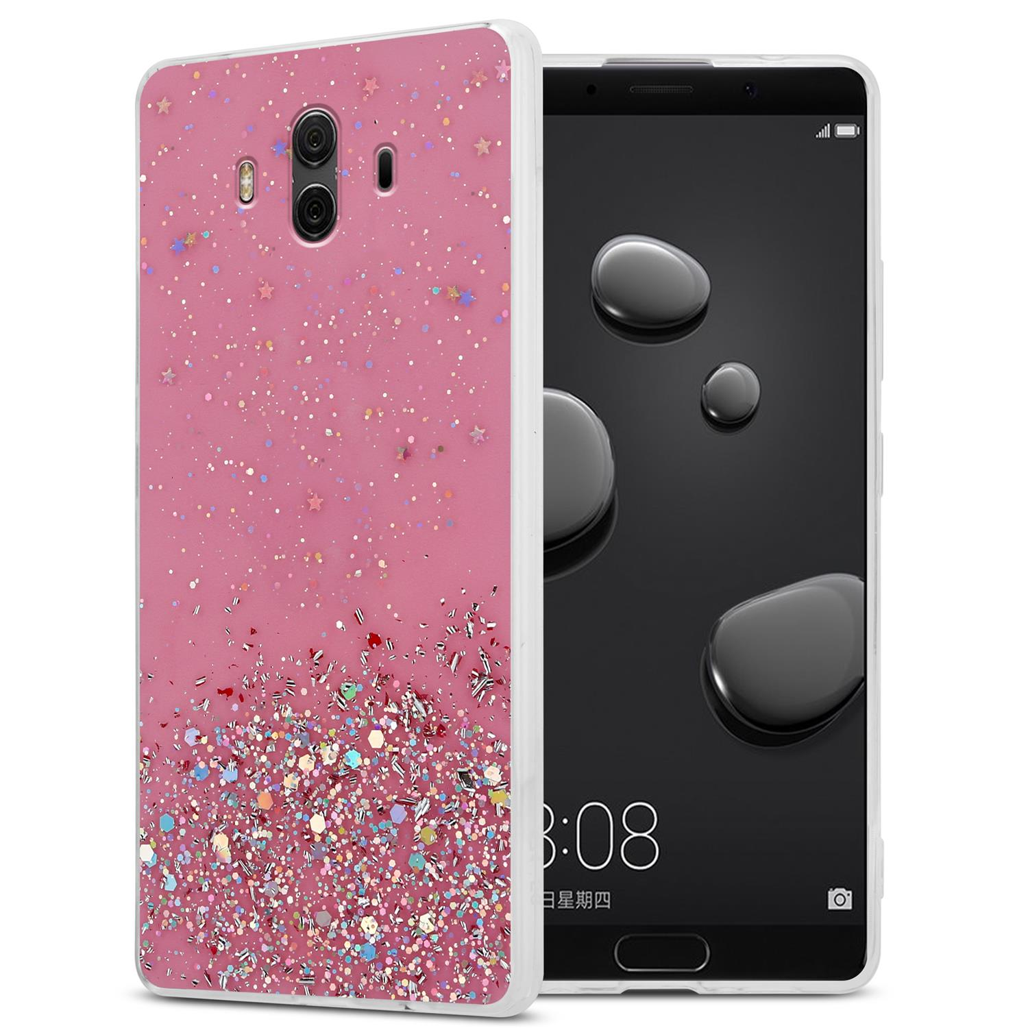 Rosa Handyhülle mit Glitzer und ein Telefon mit schwarzem Bildschirm.