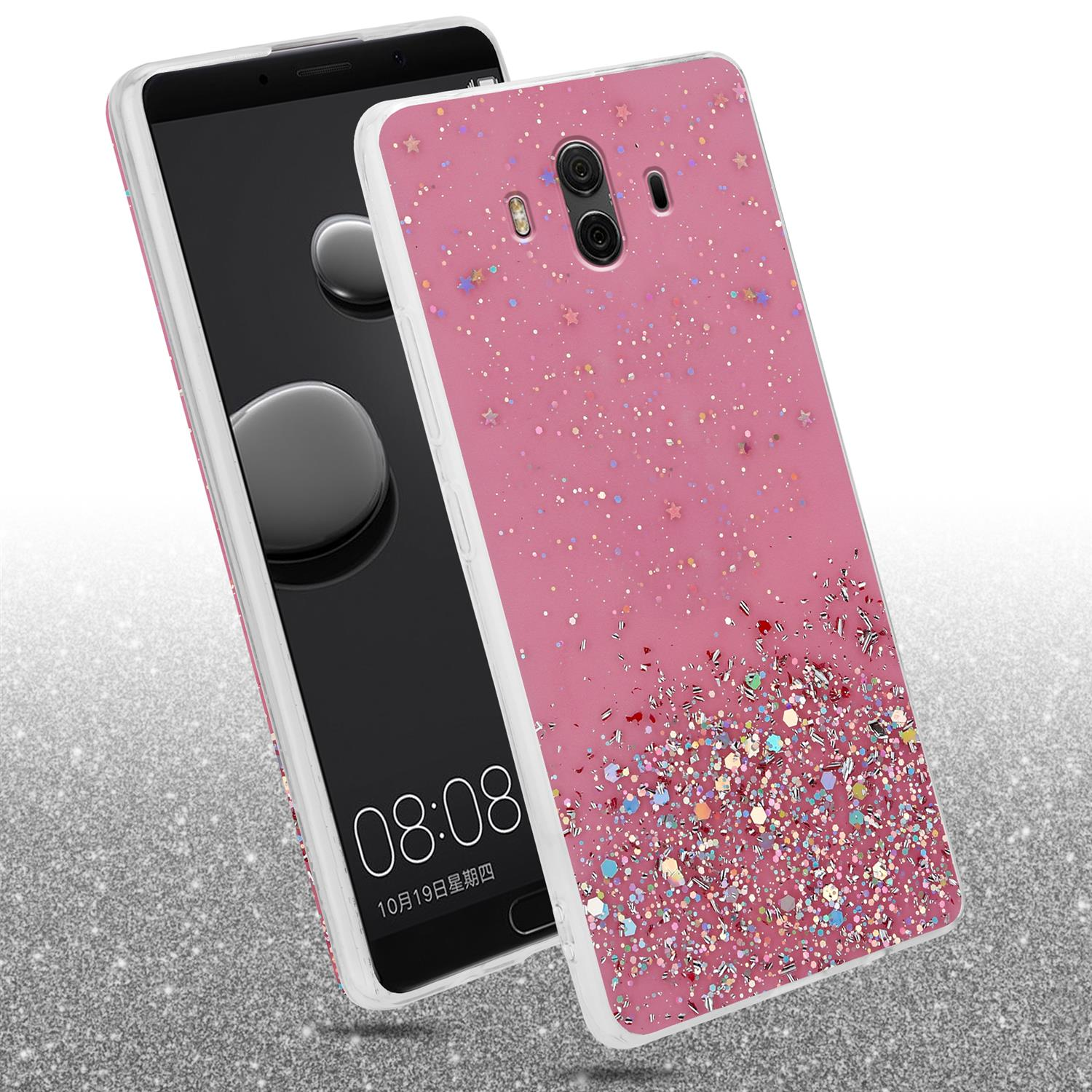 Pinke Handyhülle mit Glitzer auf einem Telefon. Das Telefon zeigt einen Bildschirm.