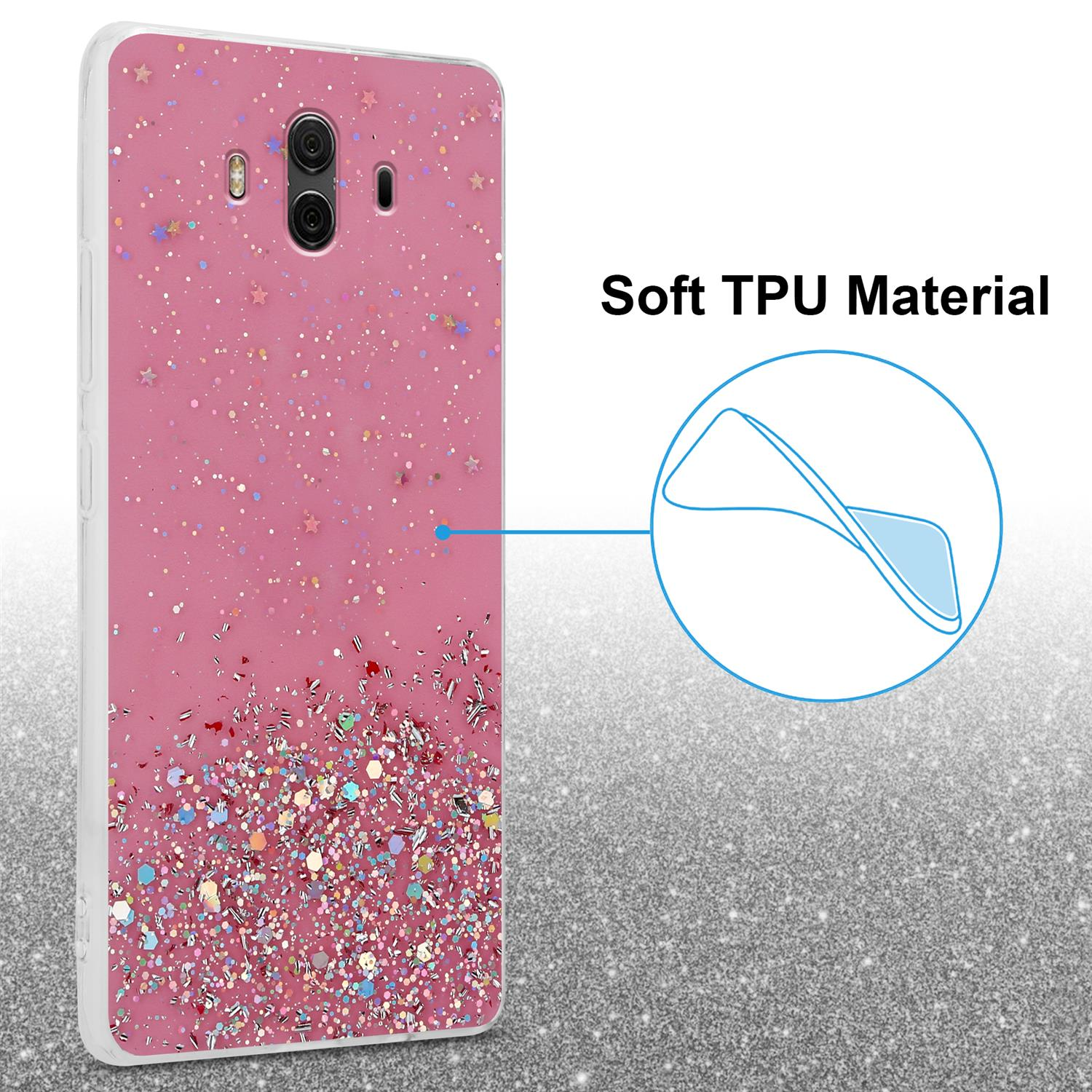 Rosa Handyhülle mit Glitzer. Weiches TPU-Material ist beschriftet. Ein klarer Kreis zeigt das Design.