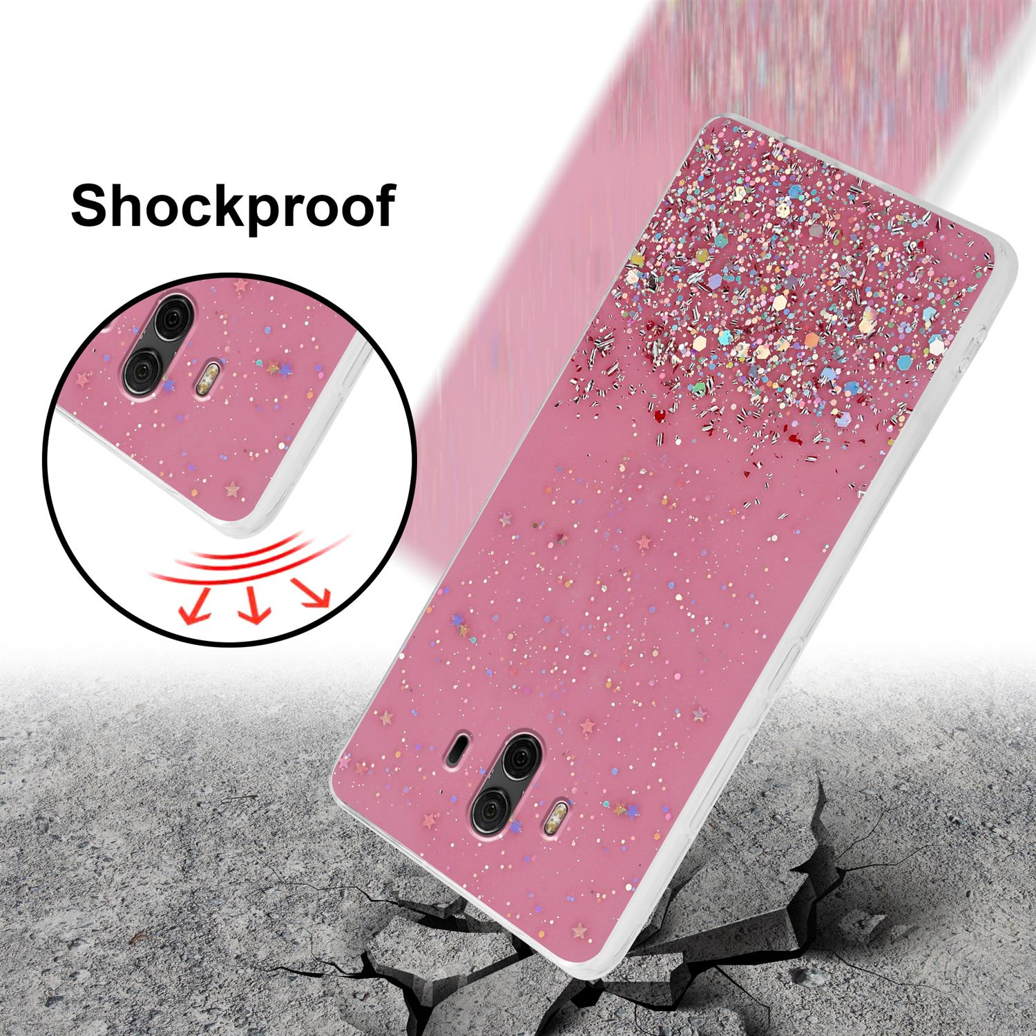 Eine pinkfarbene Handyhülle mit Glitzer, die ein Telefon mit zersplittertem Hintergrund zeigt.