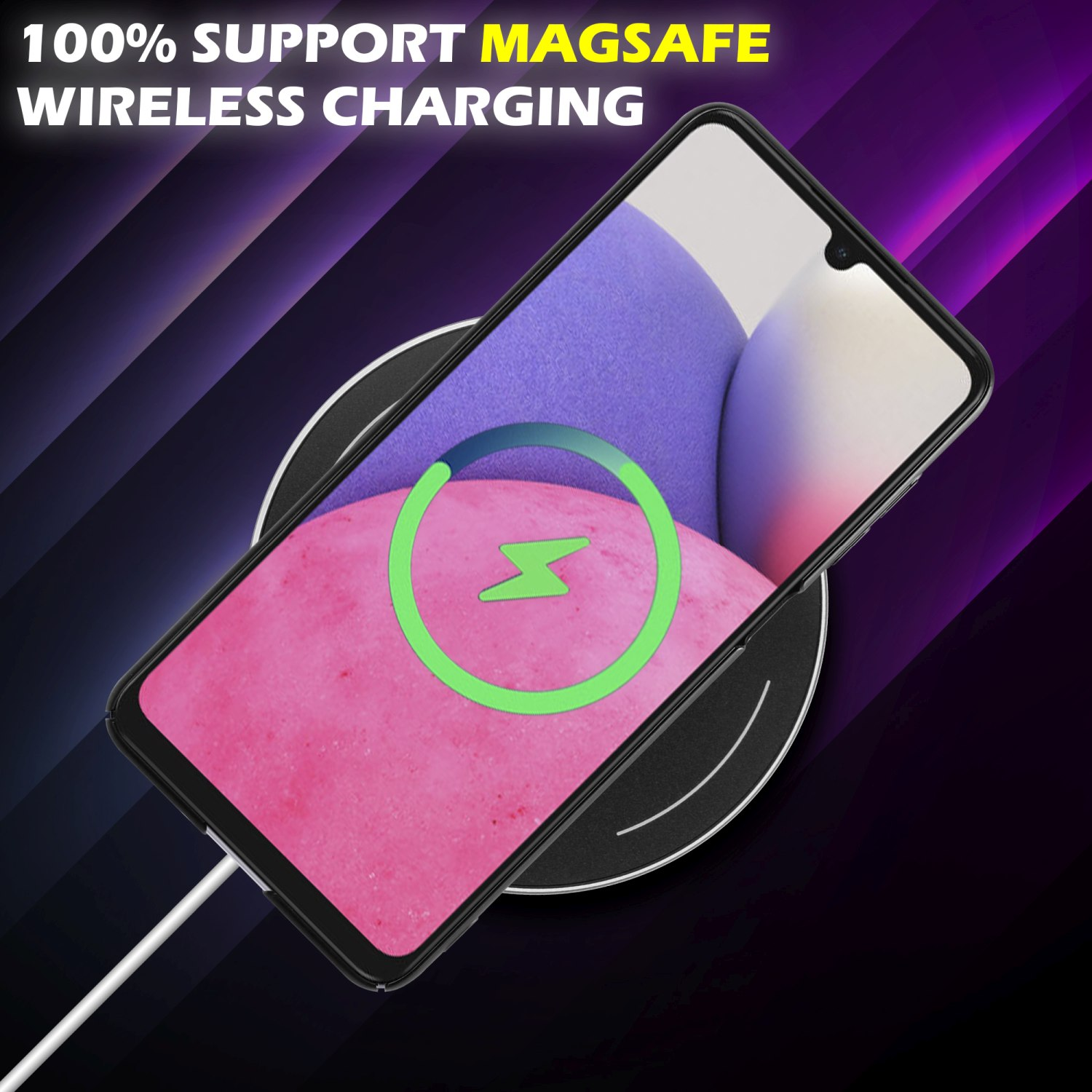 Telefon auf einem kabellosen Ladegerät mit MagSafe-Logo. Der Hintergrund ist dunkel mit lila Farbverläufen.