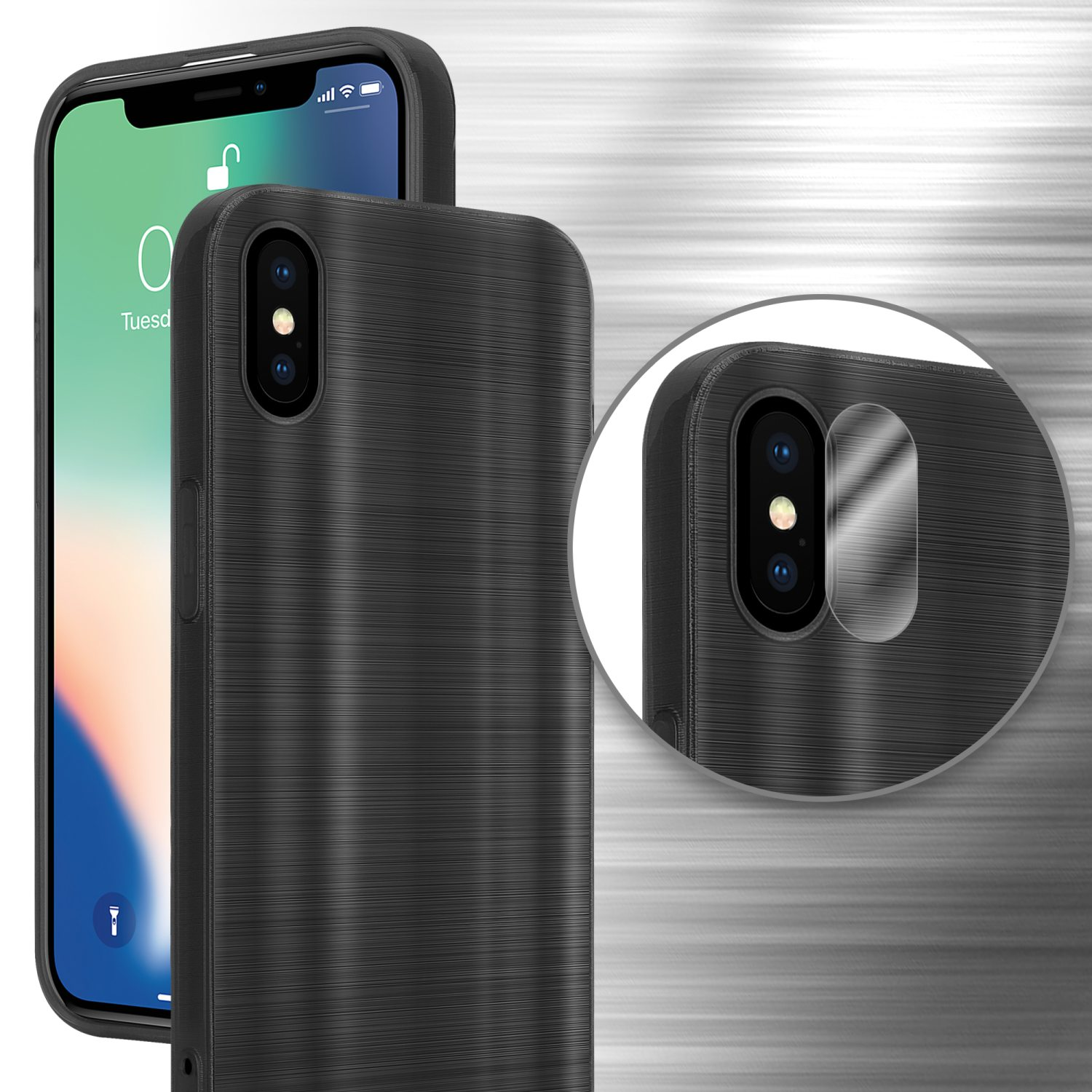 Custodia nera per telefono su una superficie, con un primo piano dell'obiettivo della fotocamera con una pellicola protettiva.