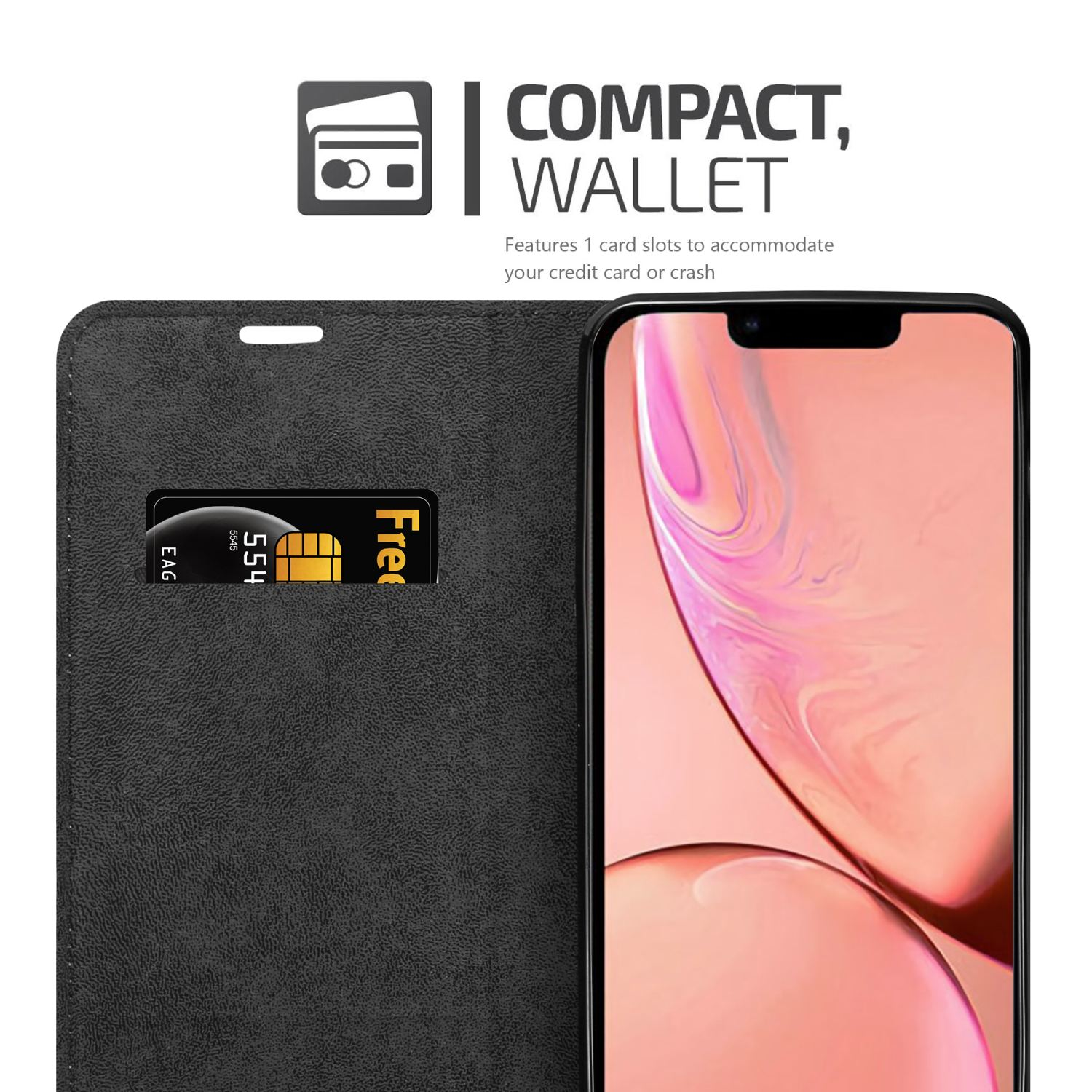 Custodia nera per telefono con slot per schede e un iPhone con schermo a destra.