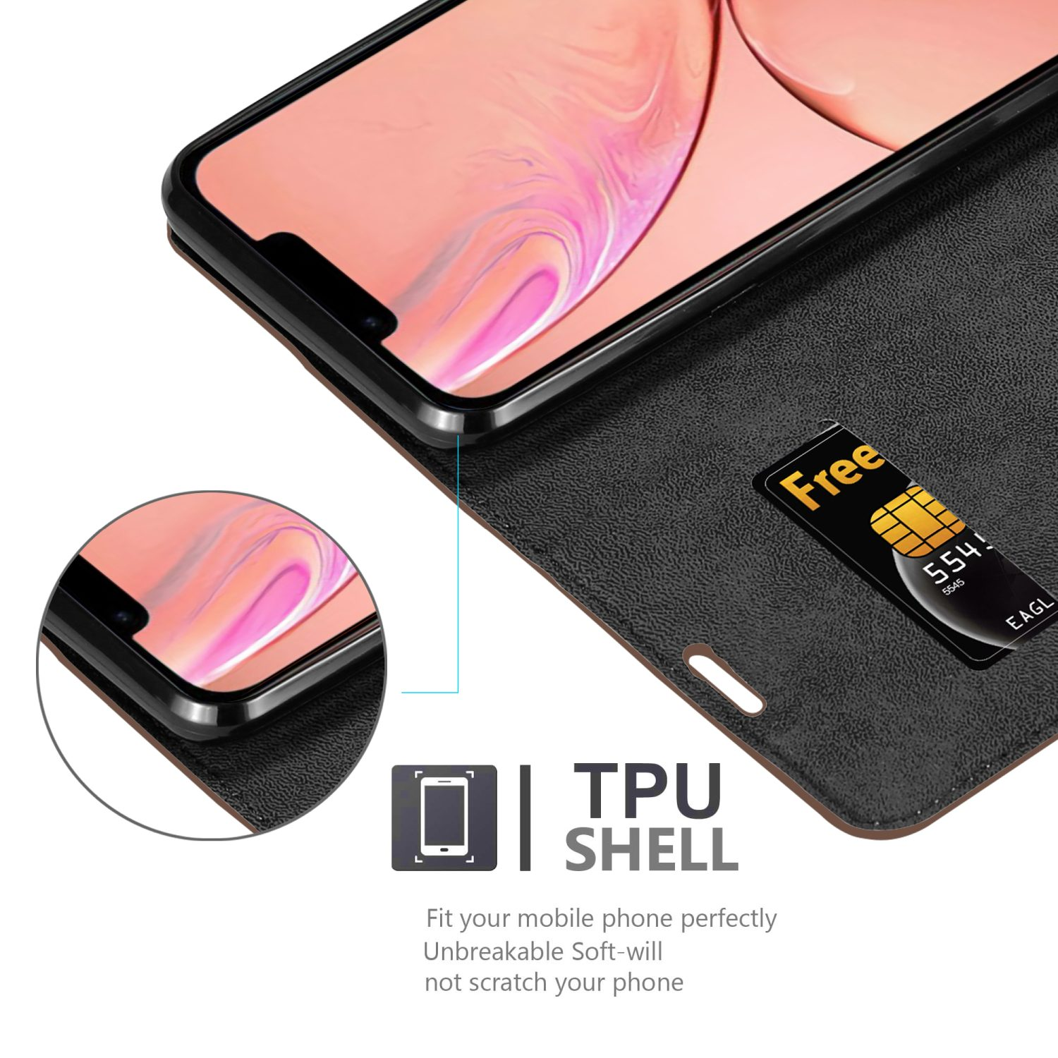 Custodia per telefono nera con telefono all'interno, con carta nella fessura e segno TPU shell.