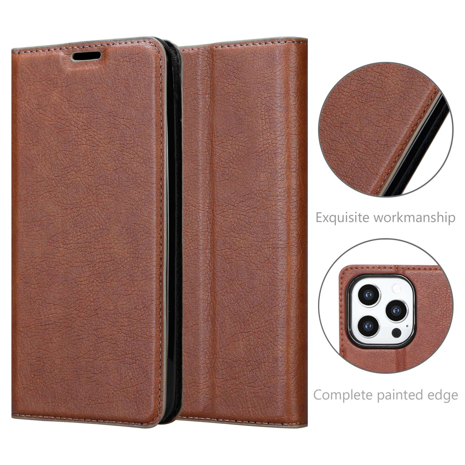 Braune Leder-Handyhülle, geöffnet, mit Details der Kante und Kamera, die exquisite Handwerkskunst hervorheben.