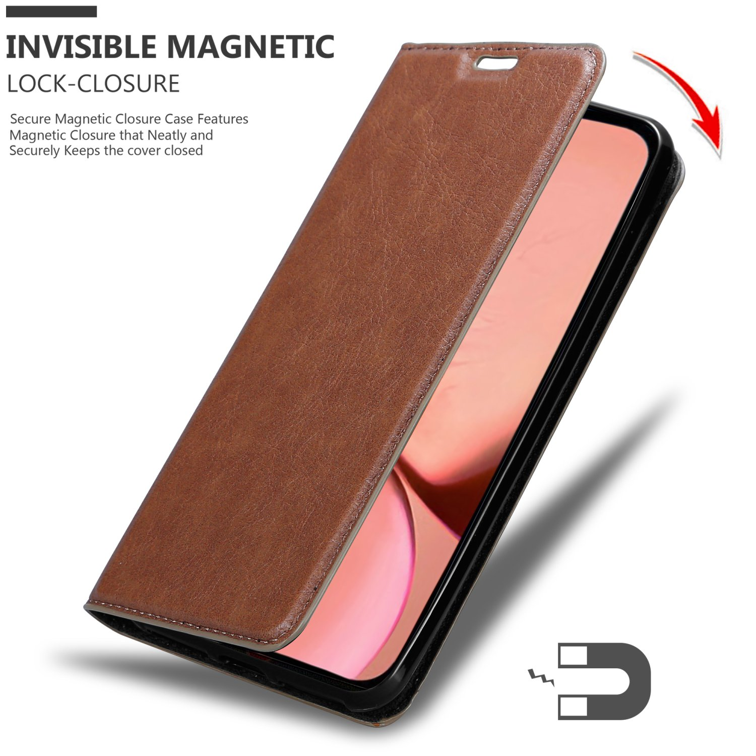 Braune Handyhülle mit Magnetverschluss, die ein Smartphone schützt.