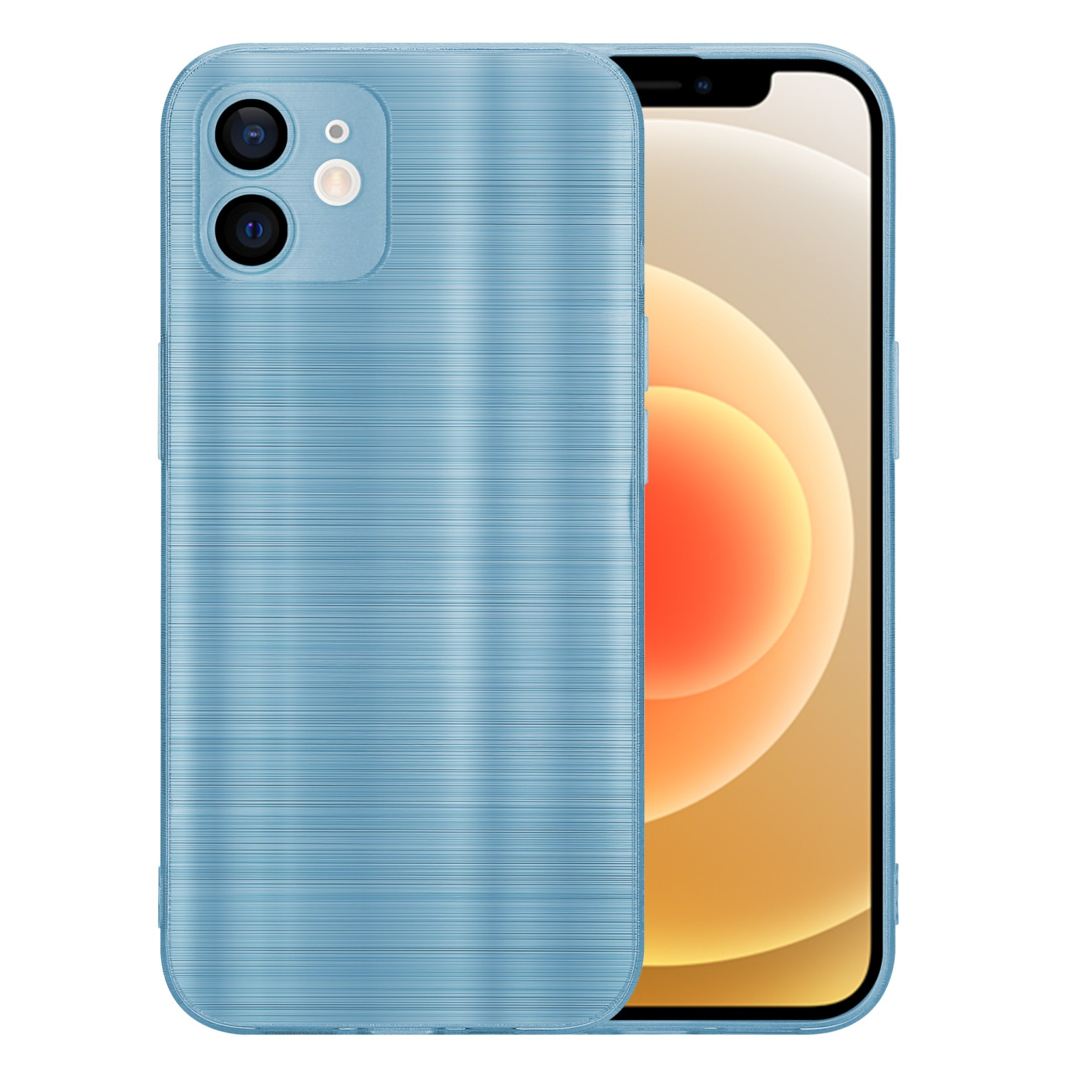 Custodia per telefono blu su sfondo bianco. La parte posteriore della custodia ha un design strutturato.