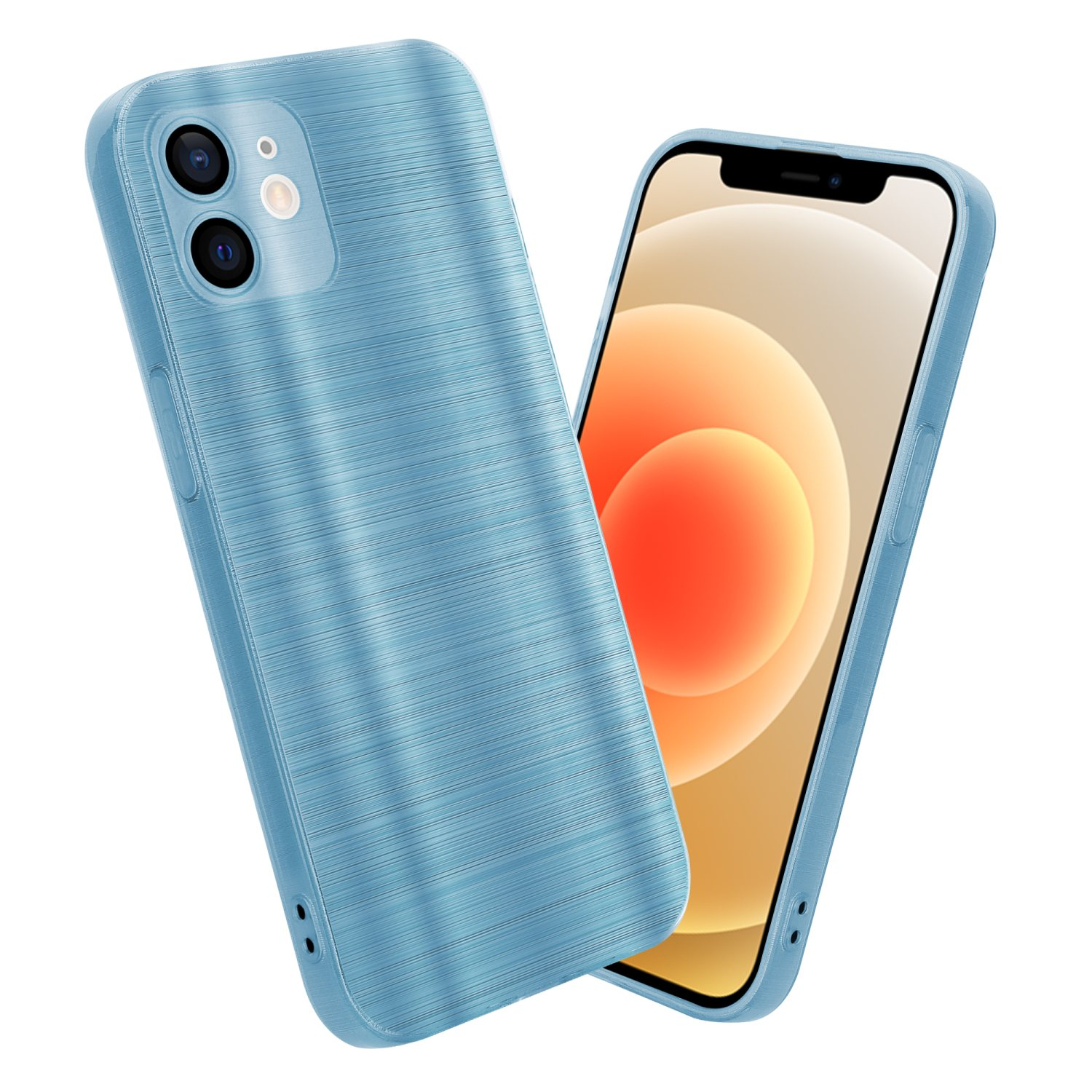 Custodia blu per telefono. Telefono nella custodia. Il telefono è azzurro. Primo piano della custodia.
