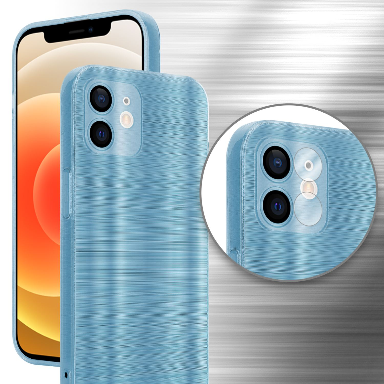 Custodia per telefono azzurra con superficie strutturata, che mostra le fotocamere del telefono.