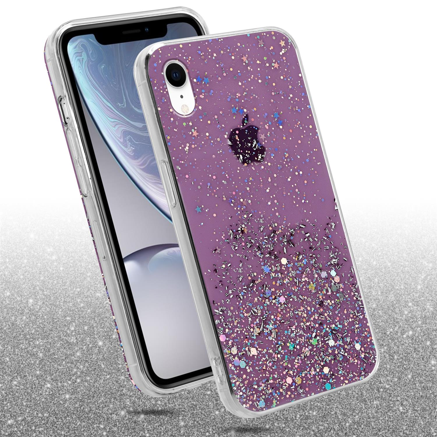 Lila Handyhülle mit Glitzer. Links ein Telefon, rechts eine Nahaufnahme.