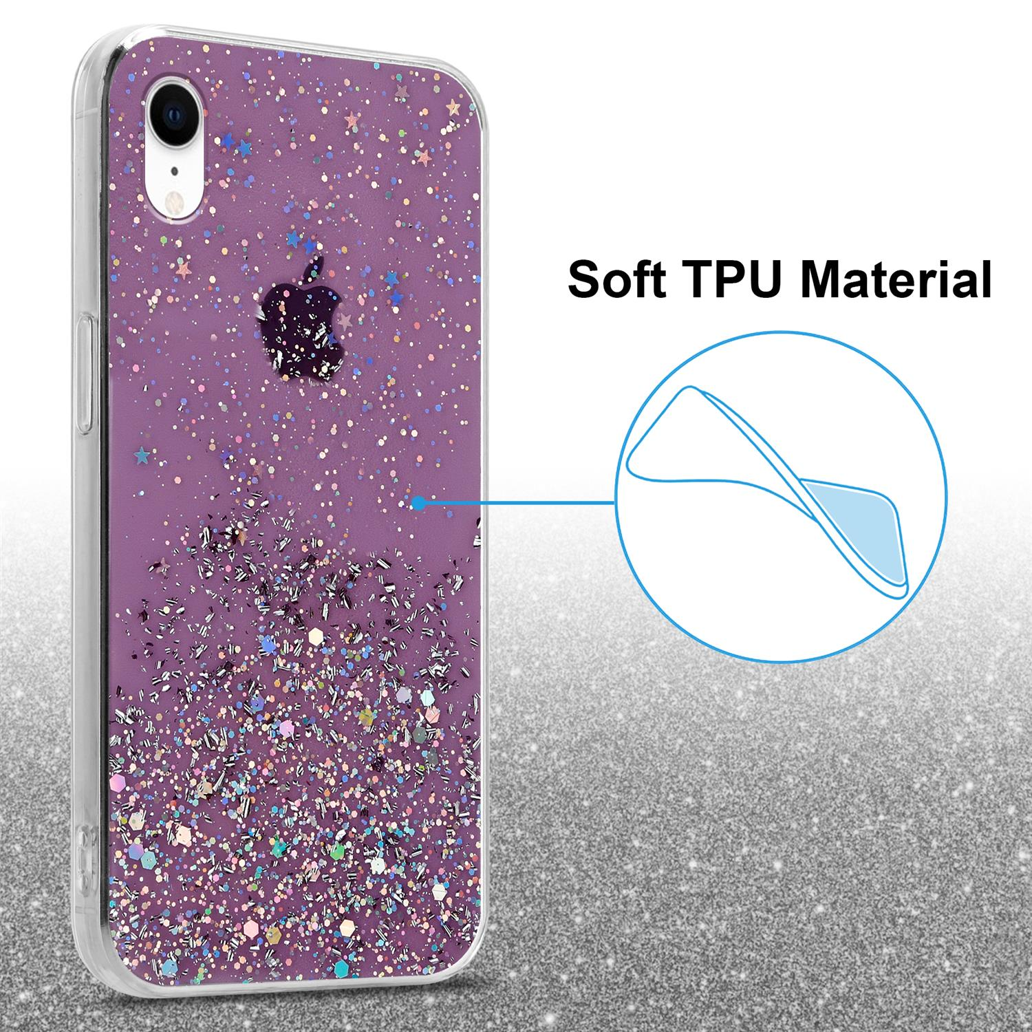 Lila Glitzer-Handyhülle. Klare Kanten. Weiches TPU-Material. Apple-Logo sichtbar.
