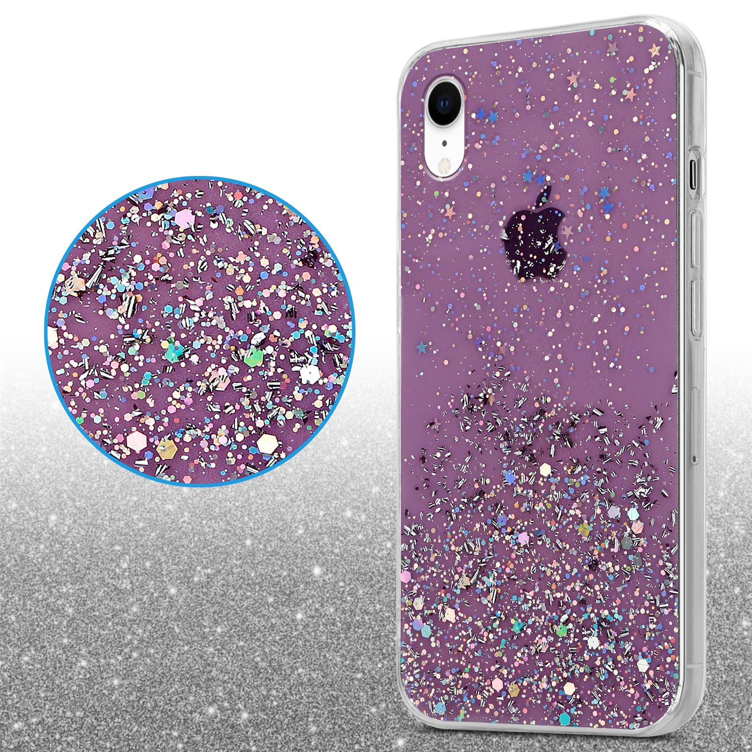 Lila Handyhülle mit Glitzer. Ein Kreis mit Glitzer befindet sich links.