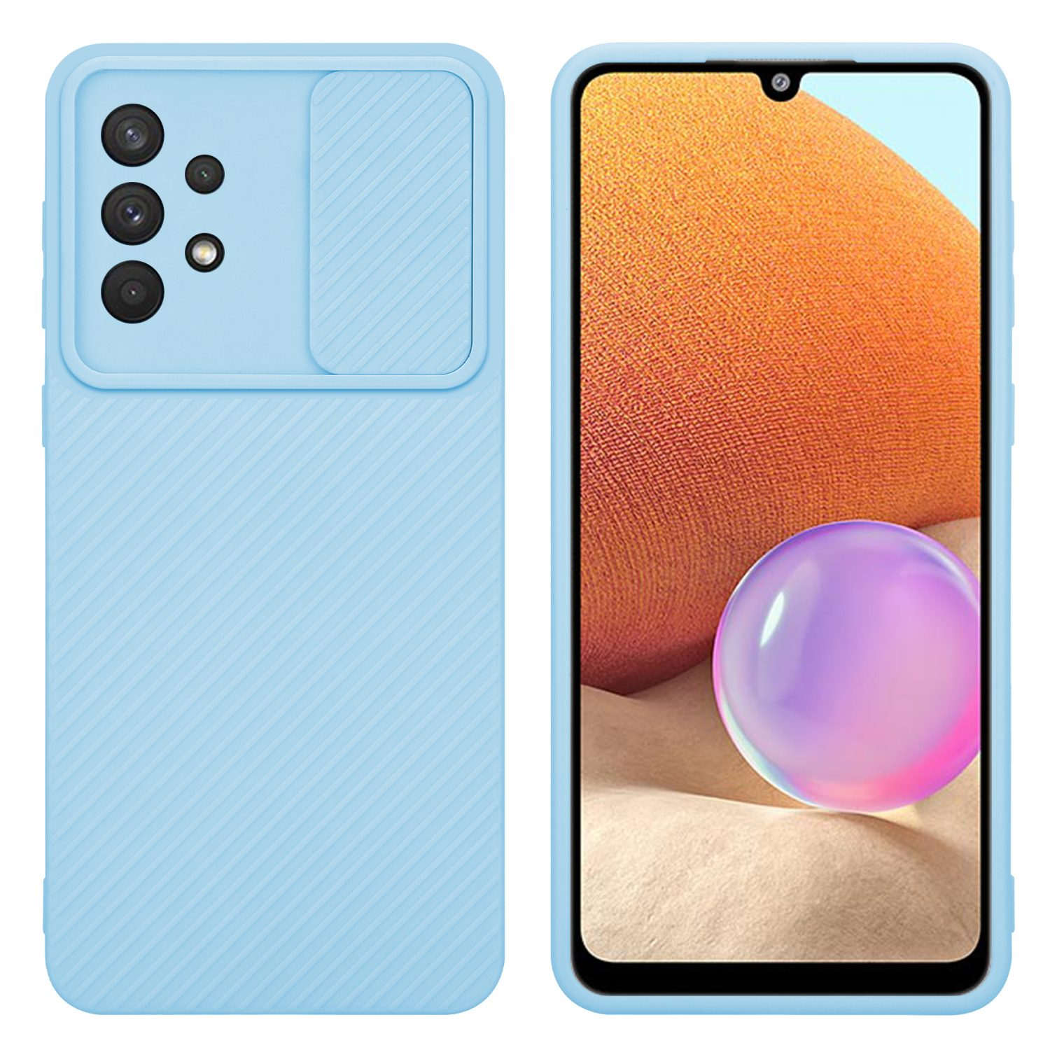 Hellblaue Handyhülle. Der Bildschirm zeigt Orange und Lila. Die Rückseite hat eine Kameraabdeckung.