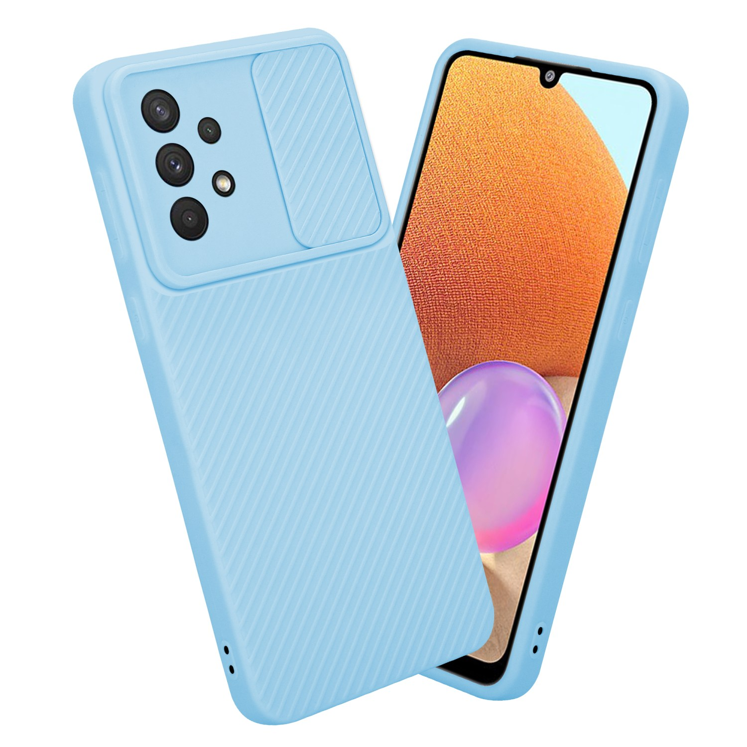 Hellblaue Handyhülle mit Kameraabdeckung. Das Telefon befindet sich in der Hülle, mit orangefarbenem Hintergrund.