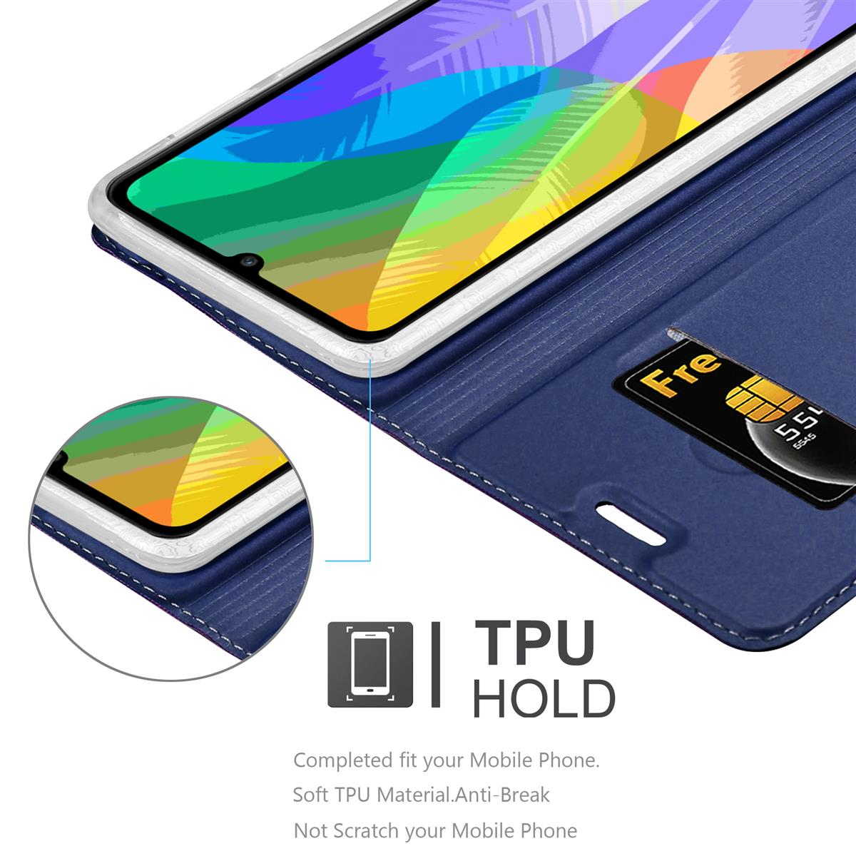 Telefon in blauer Hülle, mit SIM-Karte. Text: TPU HOLD. Hintergrund: weiß.