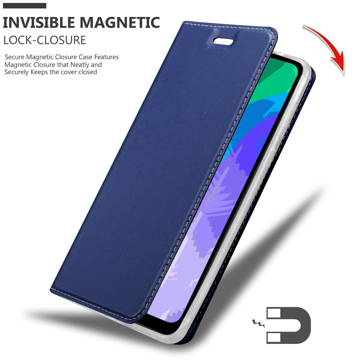 Eine blaue Handyhülle mit geöffneter Abdeckung, die das Telefon zeigt. Text: Unsichtbarer Magnetverschluss.