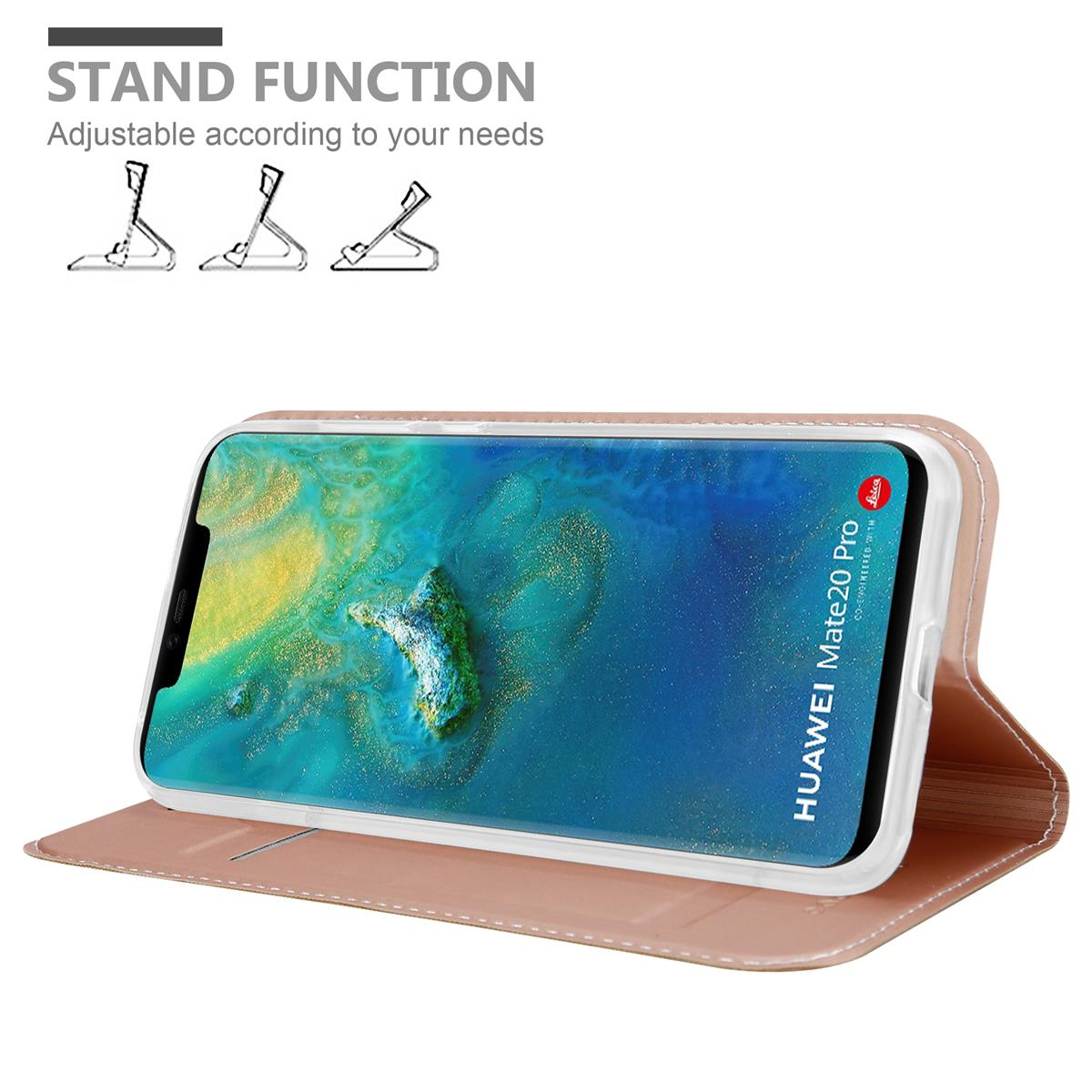 Ein Telefon in einem Koffer, hochgeklappt. Text: Standfunktion, einstellbar. Eine hellbraune Lederhülle.