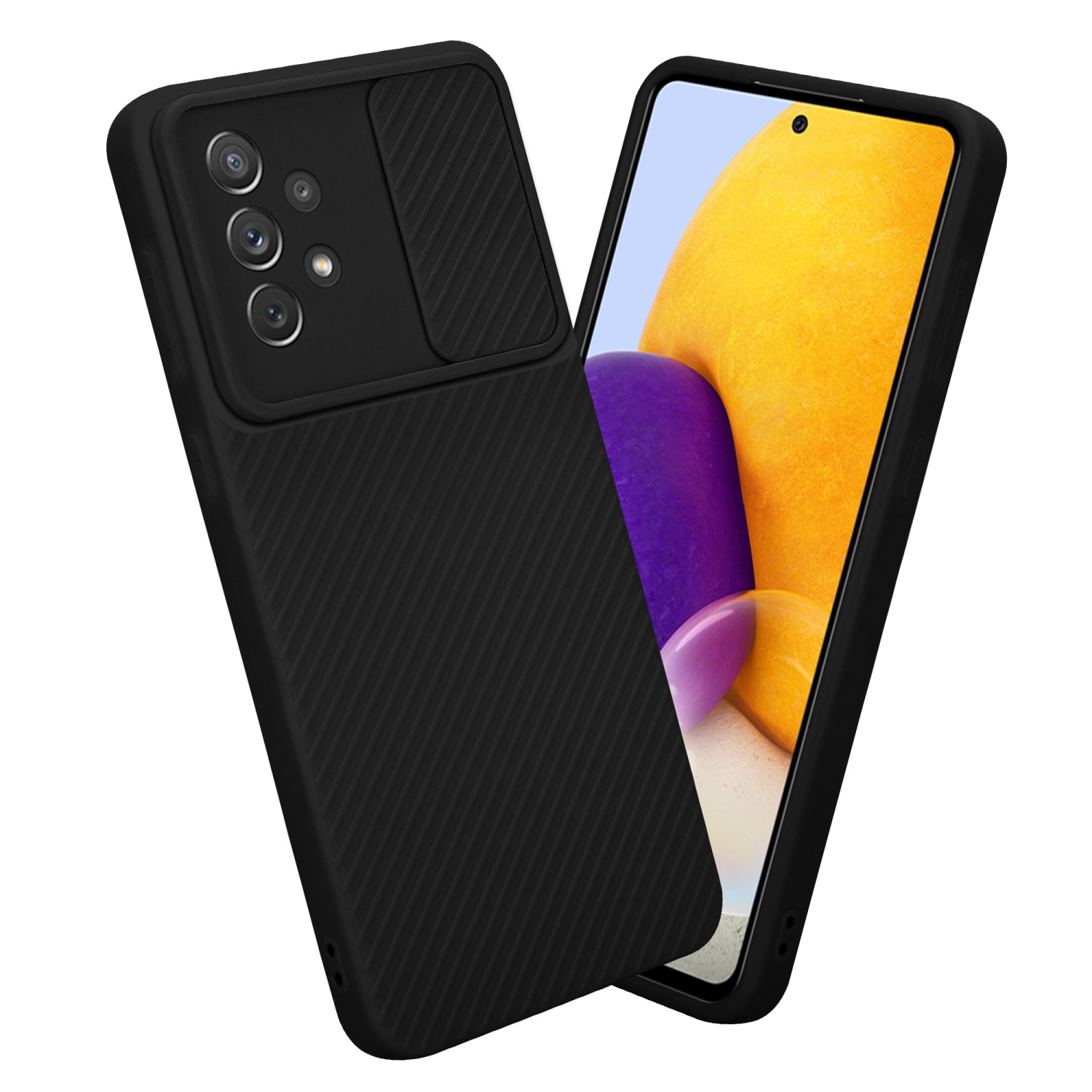 Schwarze Handyhülle mit Kameraabdeckung. Telefon sichtbar. Schwarzer Hintergrund.