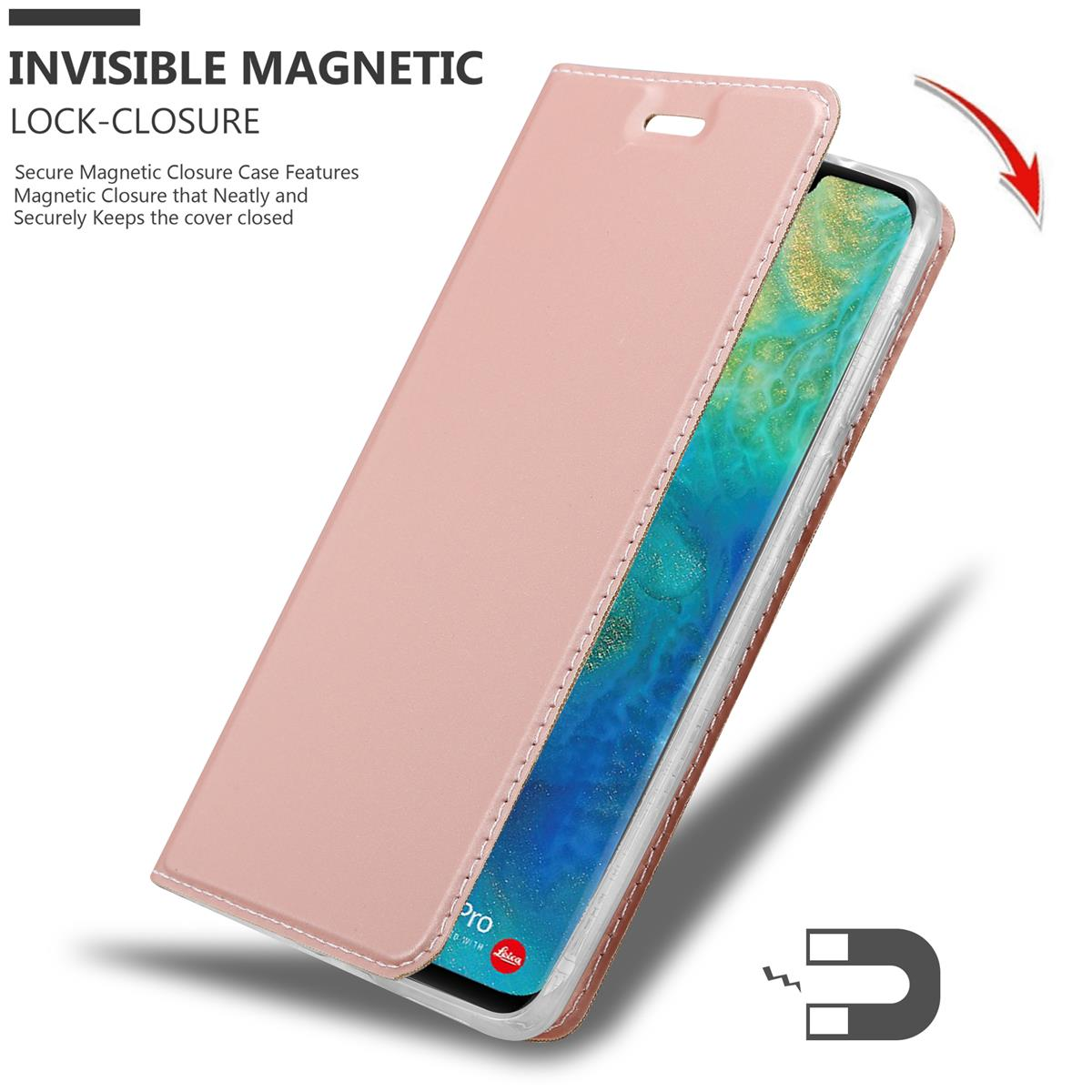 Rosa Handyhülle im Buchstil, offen, um den Telefonbildschirm freizugeben. Ein Magnet wird gezeigt.