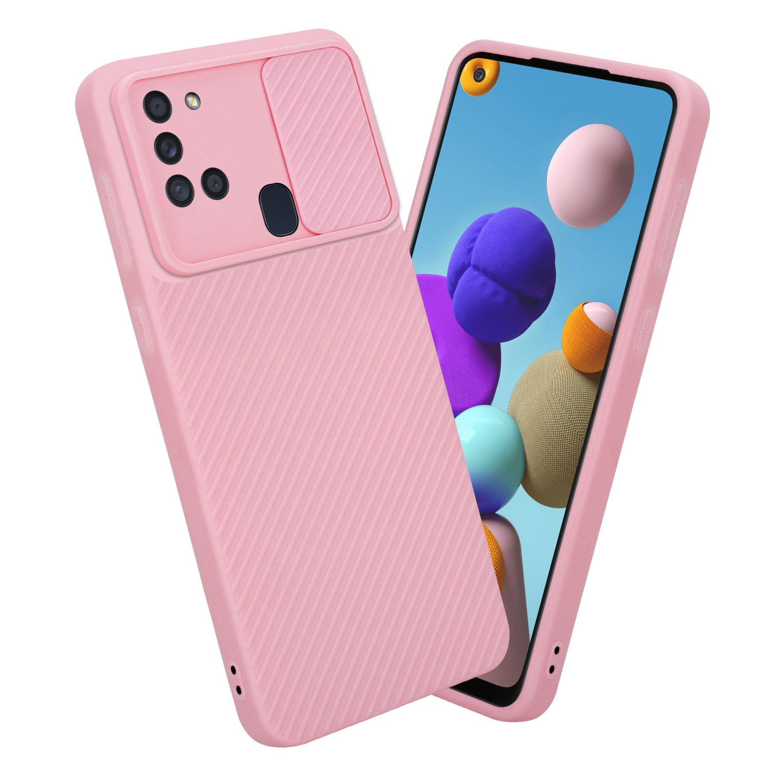Rosa Handyhülle mit Kameraschutz und ein Telefon. Das Telefon hat einen bunten Hintergrund.