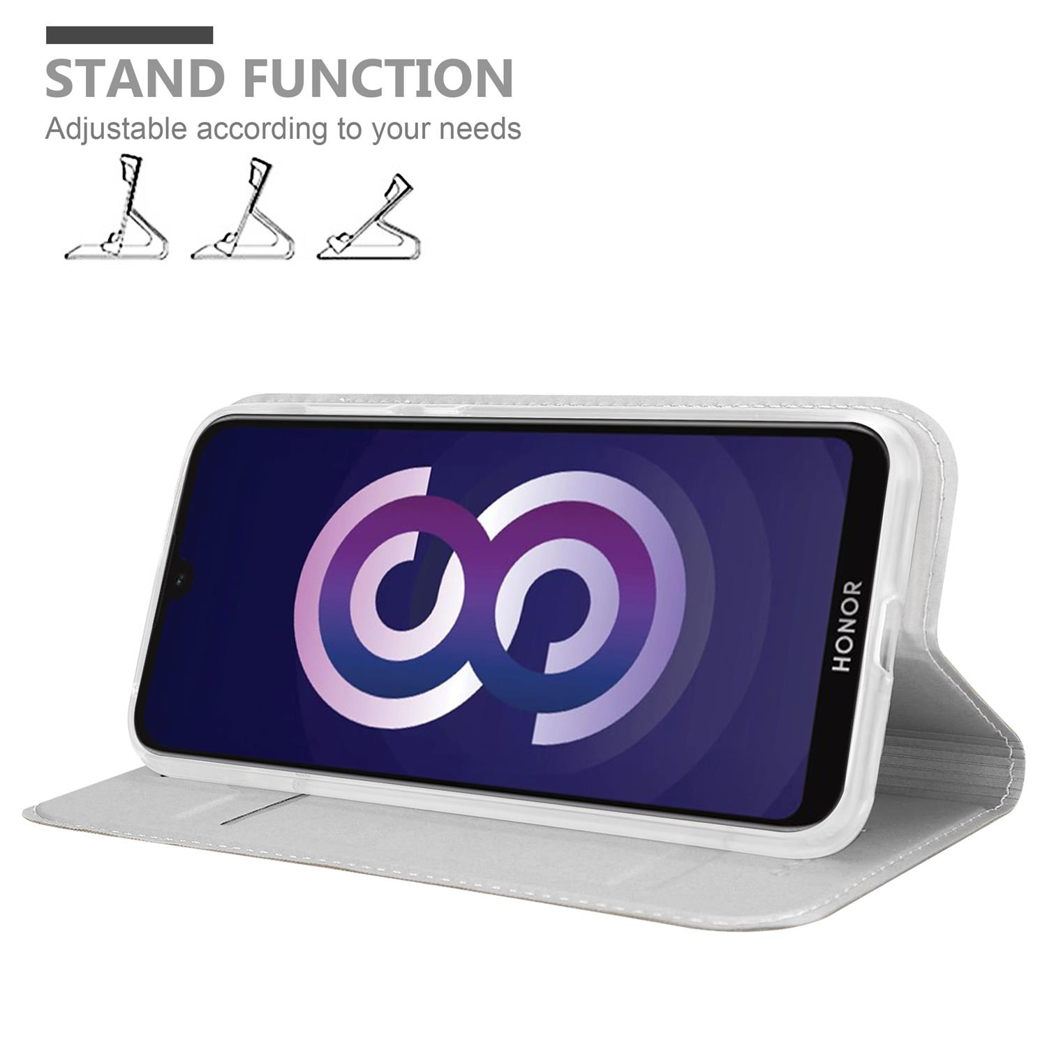 Weiße Handyhülle mit Logo auf dem Telefon. Illustration der Standfunktion.