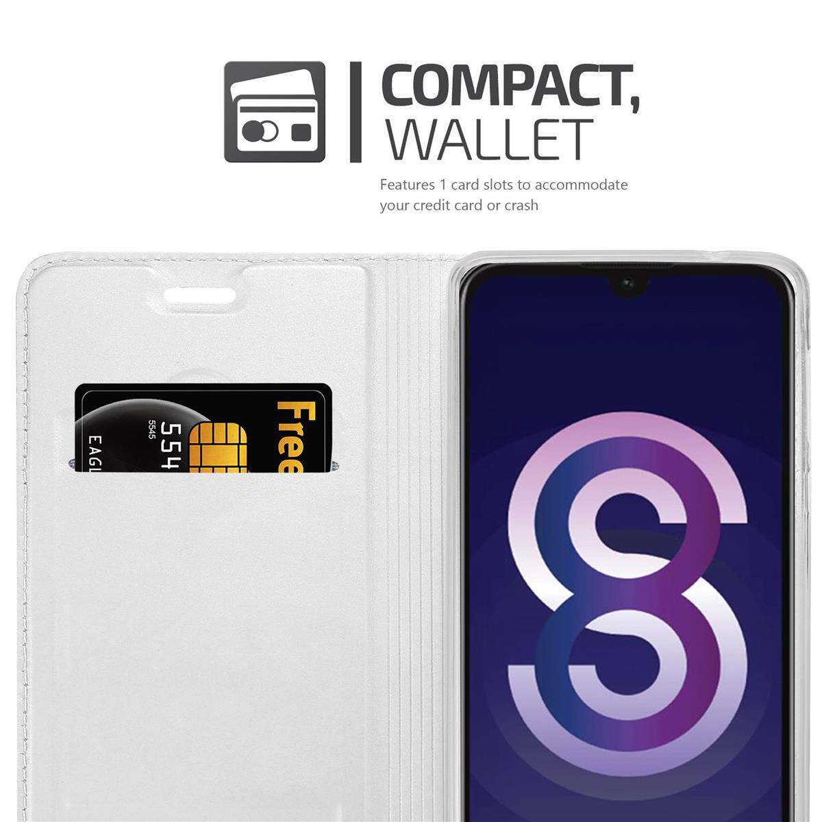 Weißes Handy-Brieftaschentui geöffnet, mit Telefon und Kartenfächern, Karte und Euro. Kompakter Geldbeutel Text sichtbar.