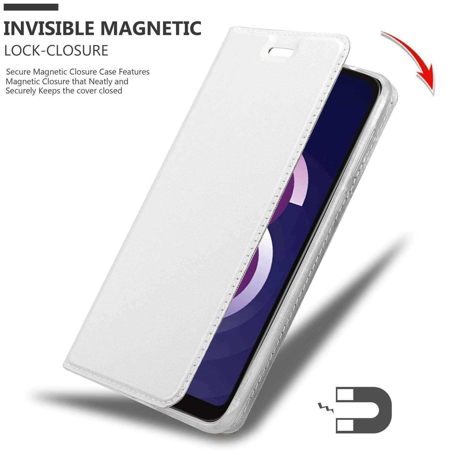 Weißes Handycase offen, Bildschirm sichtbar. Magnet-Symbol vorhanden.
