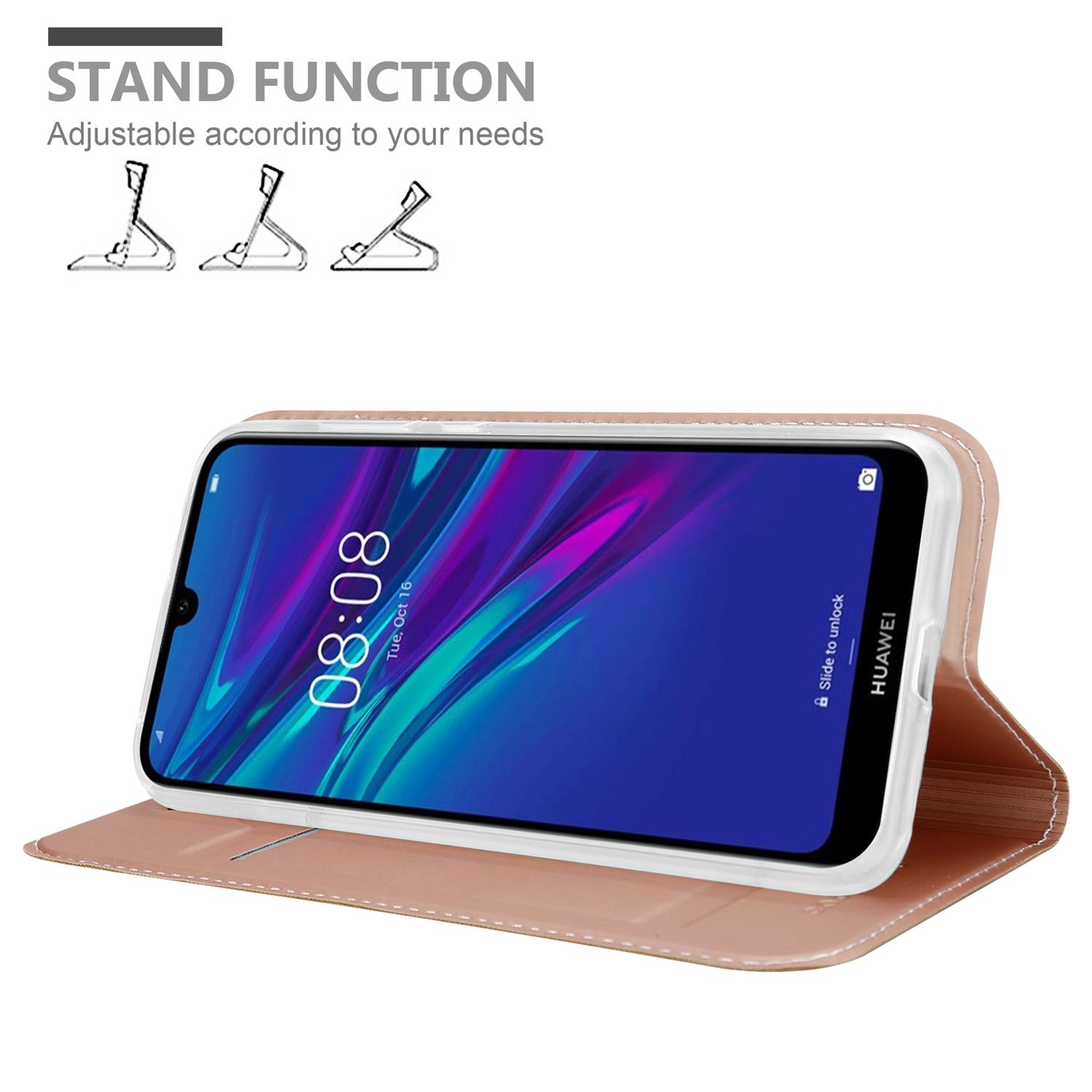 Rosa Handyhülle mit Ständerfunktion. Telefon wird darauf gezeigt. Text: 'STAND FUNCTION'.