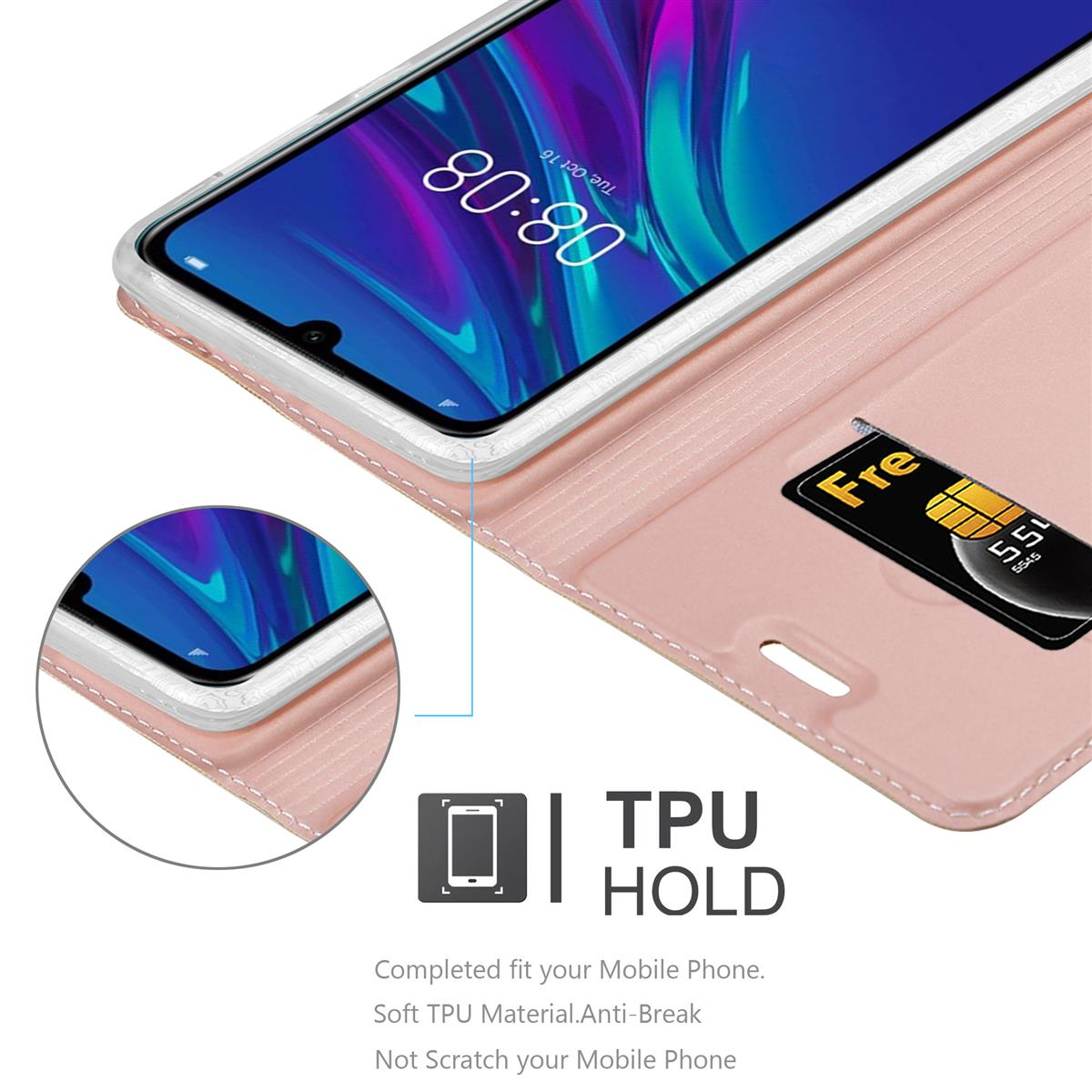 Rosafarbene Handyhülle mit Smartphone. Mit Kartenfach und TPU HOLD Text.