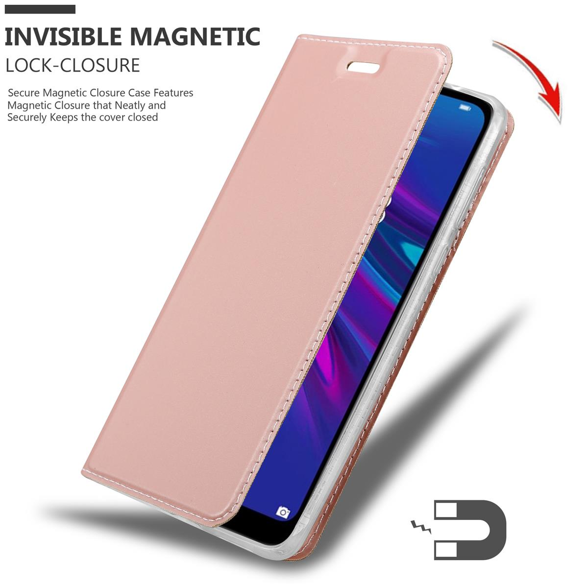Rosa Handyhülle mit Telefon darin. Die Hülle ist geöffnet und zeigt den Telefonbildschirm. Ein Magnet ist abgebildet.