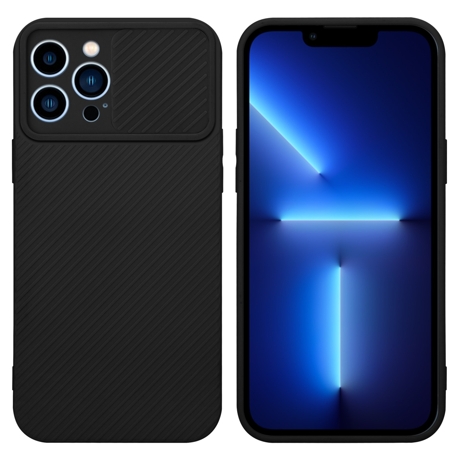Zwei Ansichten eines schwarzen Telefons mit Schutzhülle. Das Telefon zeigt einen hellblauen, leuchtenden Bildschirm.