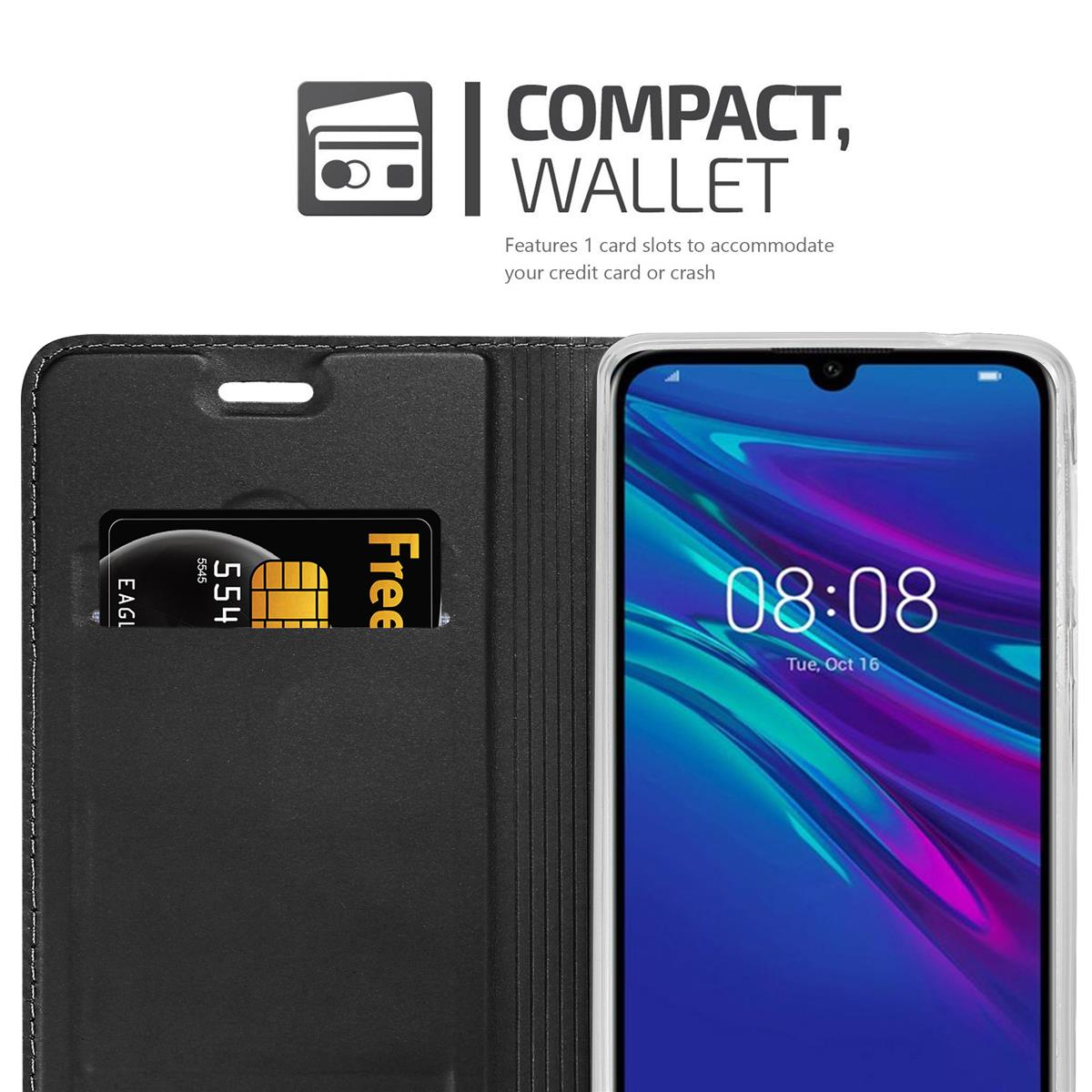 Schwarze Handyhülle mit Kartenfach und Smartphone mit Zeitanzeige.